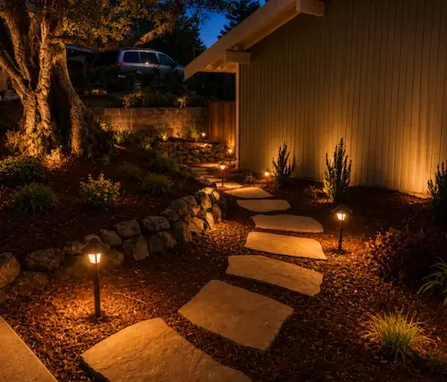 Custom stone stepping-stone pathway with low-voltage landscape lighting in a San Ramon, CA side yard