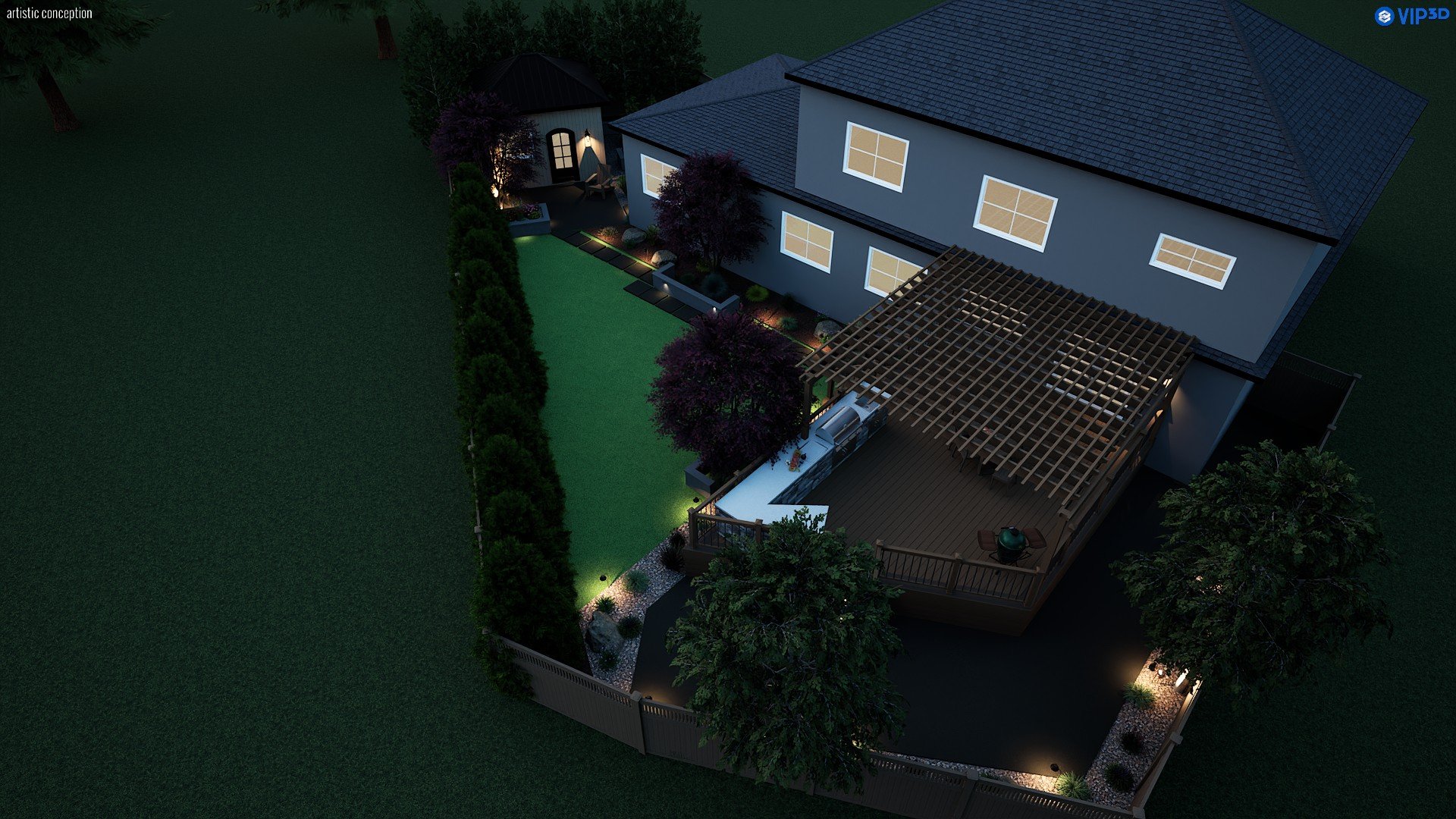 Nighttime 3D landscape rendering with deck, synthetic turf, planting, and landscape lighting. 