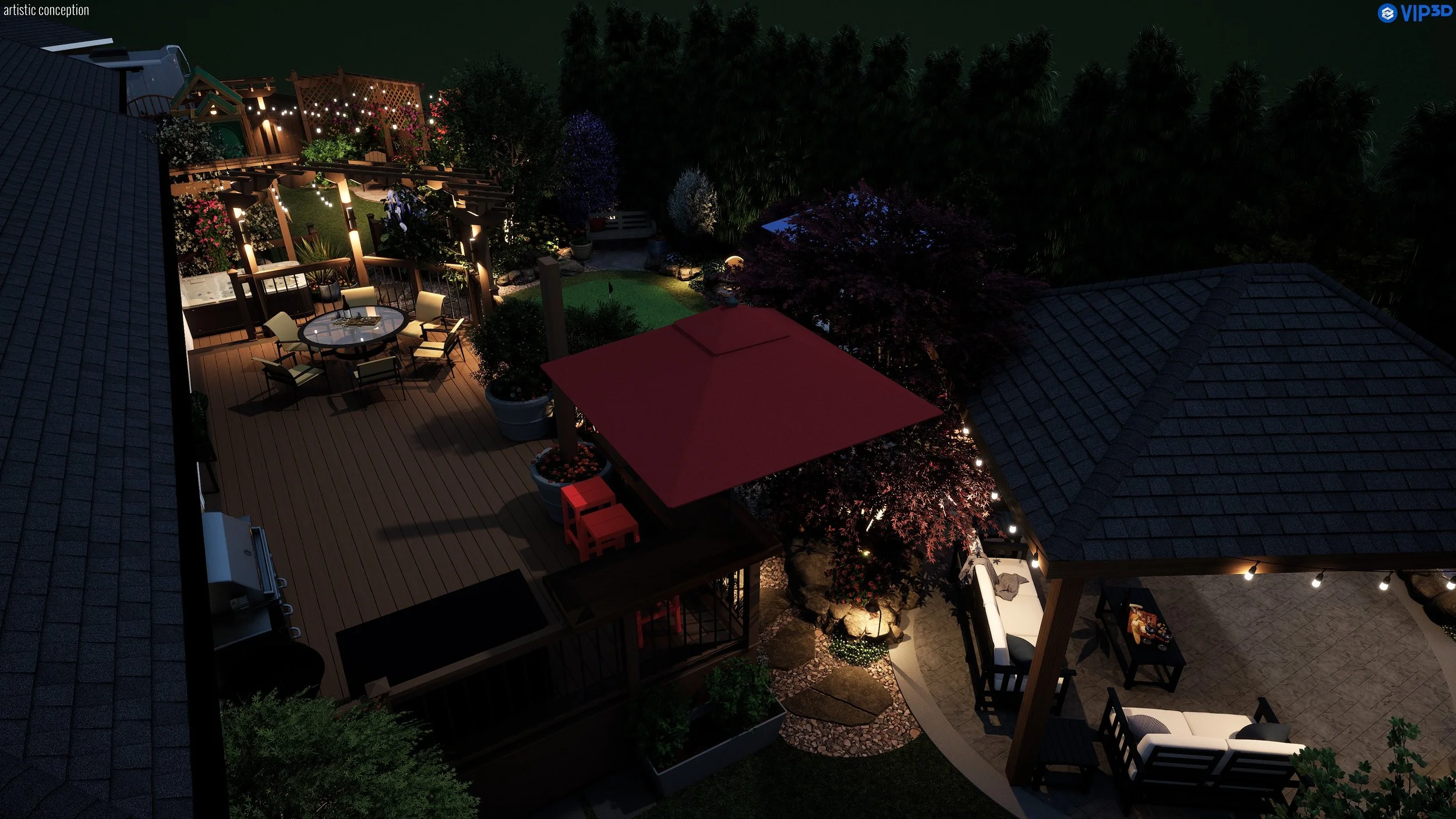 A well-lit backyard patio at night with wooden deck, round dining table with chairs, a red umbrella, potted plants, string lights, trees, and a surrounding garden area.