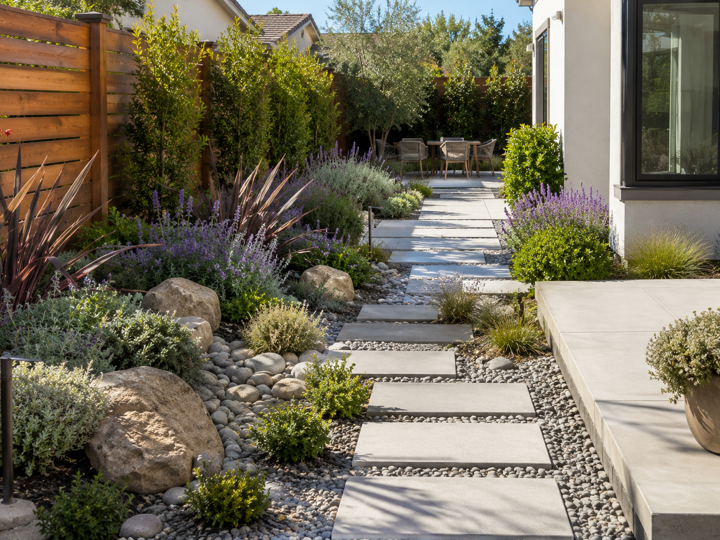 The image shows a modern backyard garden with a stone pathway leading to a sitting area with a table and chairs. The garden is bordered by a wooden fence, various green plants, shrubs, and purple flowers, with a white house on the right side and trees in the background.
