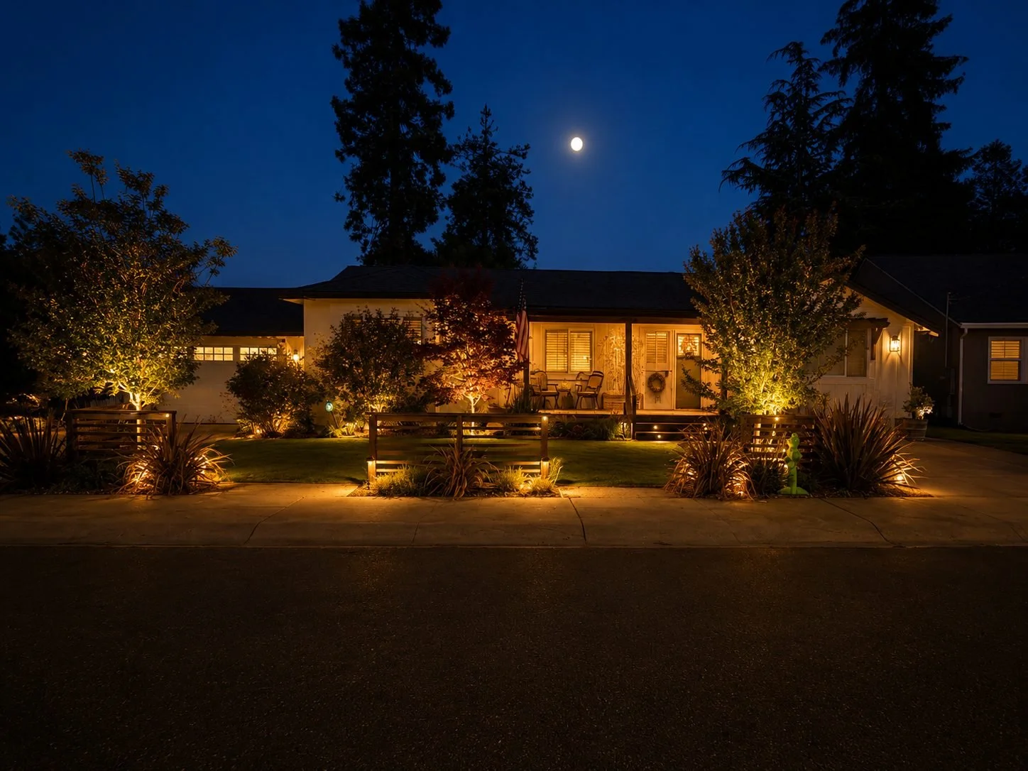 A cozy house with exterior lights illuminating the front yard at night. The house has a porch with two chairs and an American flag, surrounded by landscaped bushes and trees. The night sky is dark with a bright moon visible.