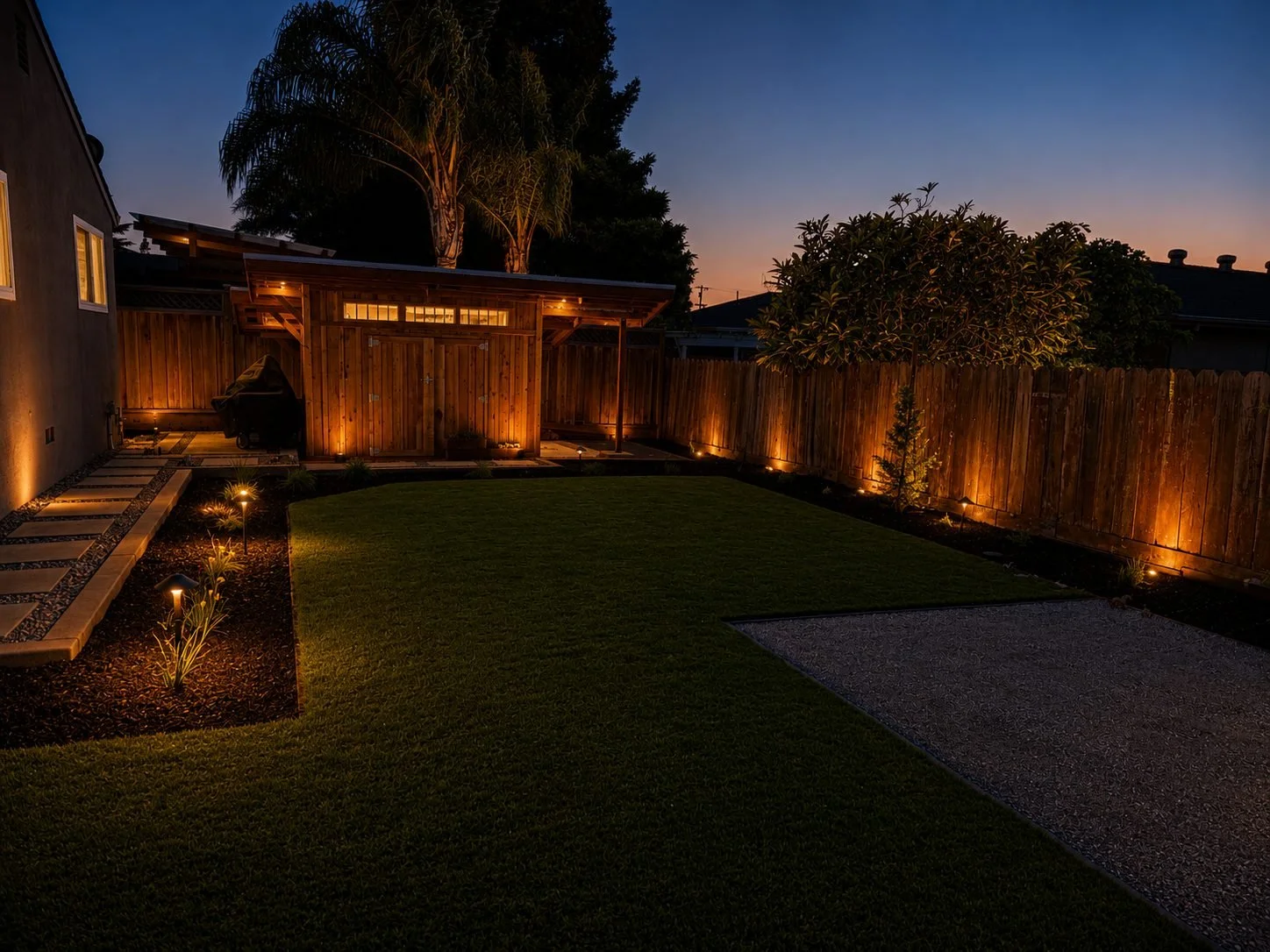 A backyard at dusk with a wooden fence, a small garden shed, outdoor lighting, and a well-maintained grass lawn.