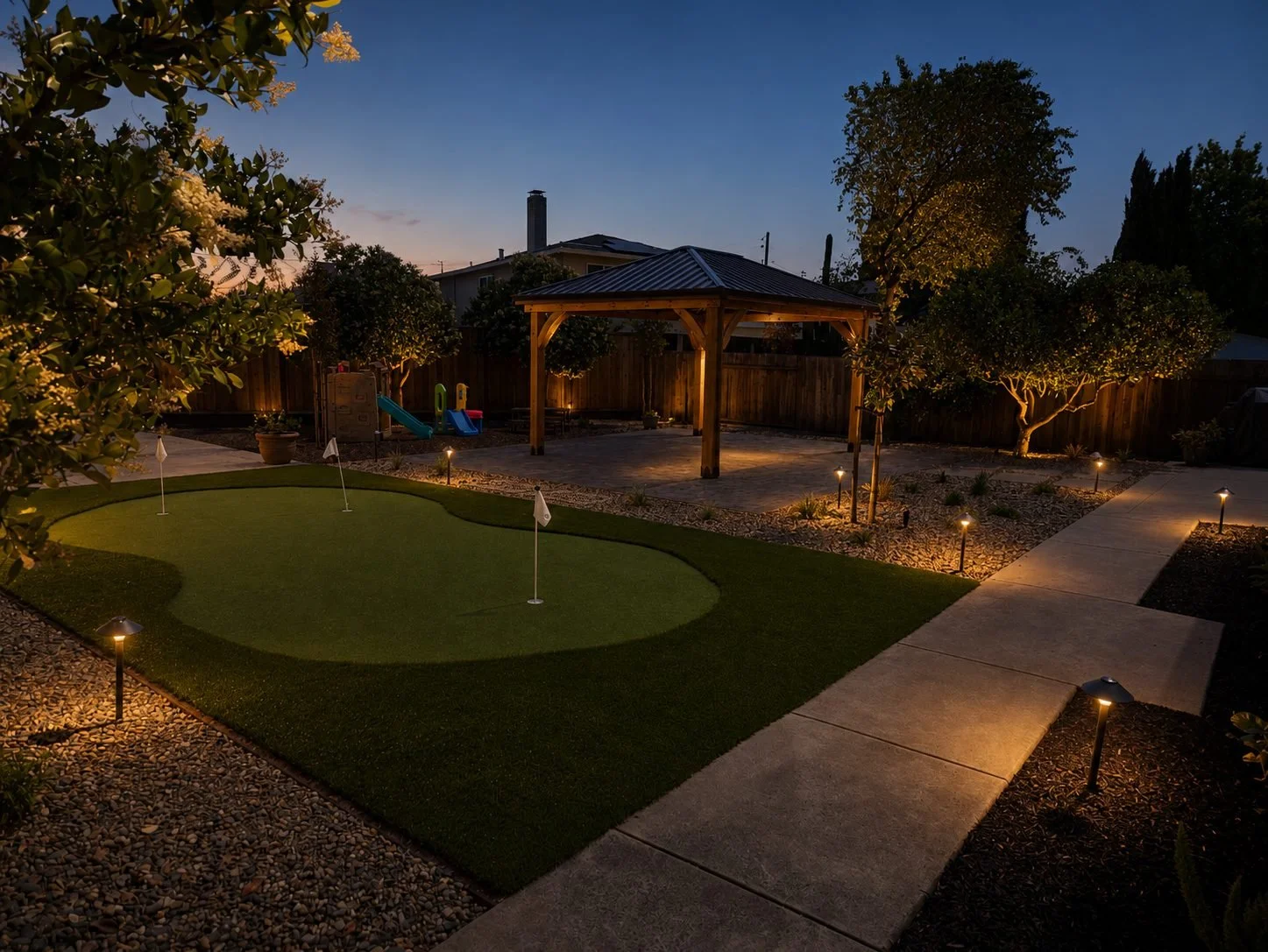 Nighttime backyard with lit pathway, small putting green with flags, wooden pavilion, trees, and children's slide in fenced yard.