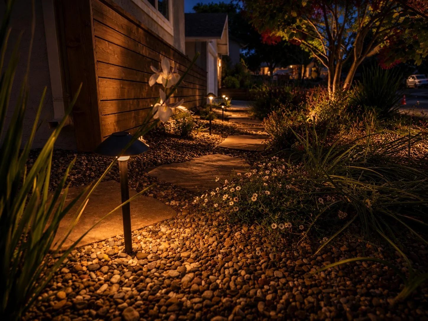 Nighttime garden pathway lit with small landscape lights and surrounded by various plants and flowers, with a wooden fence on the left and trees in the background.