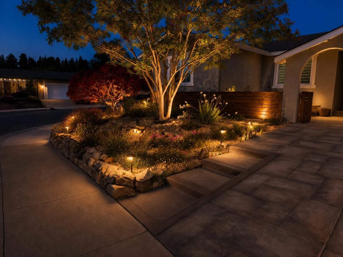 Illuminated front yard garden at night with a large tree, red shrub, and various flowers, surrounded by rocks and lit by small outdoor lights. A house with a porch and a driveway are visible in the background.