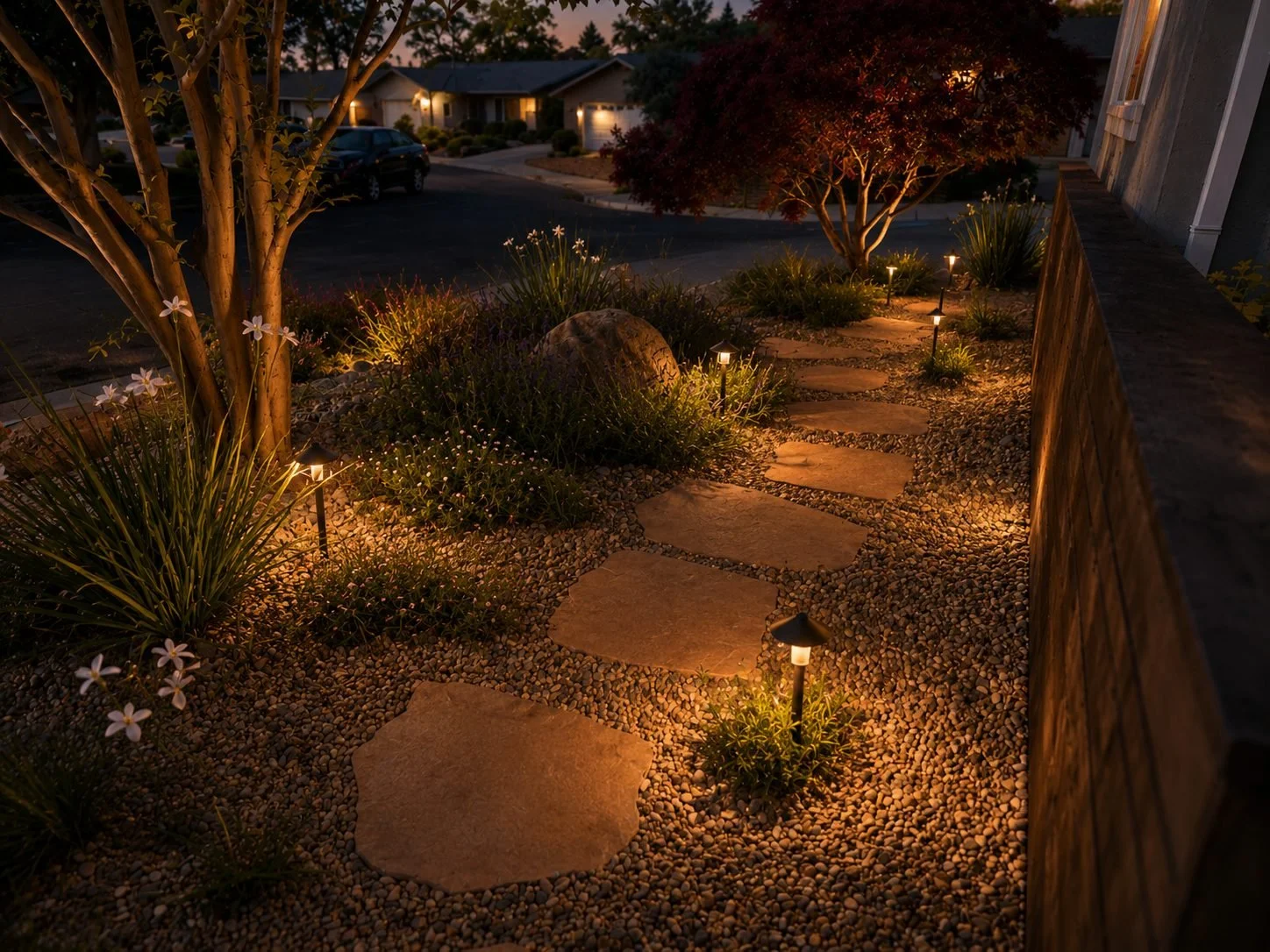 A nighttime garden pathway illuminated by small ground lights, with stepping stones, surrounded by plants and trees, adjacent to a house with a fence and neighboring homes in the background.