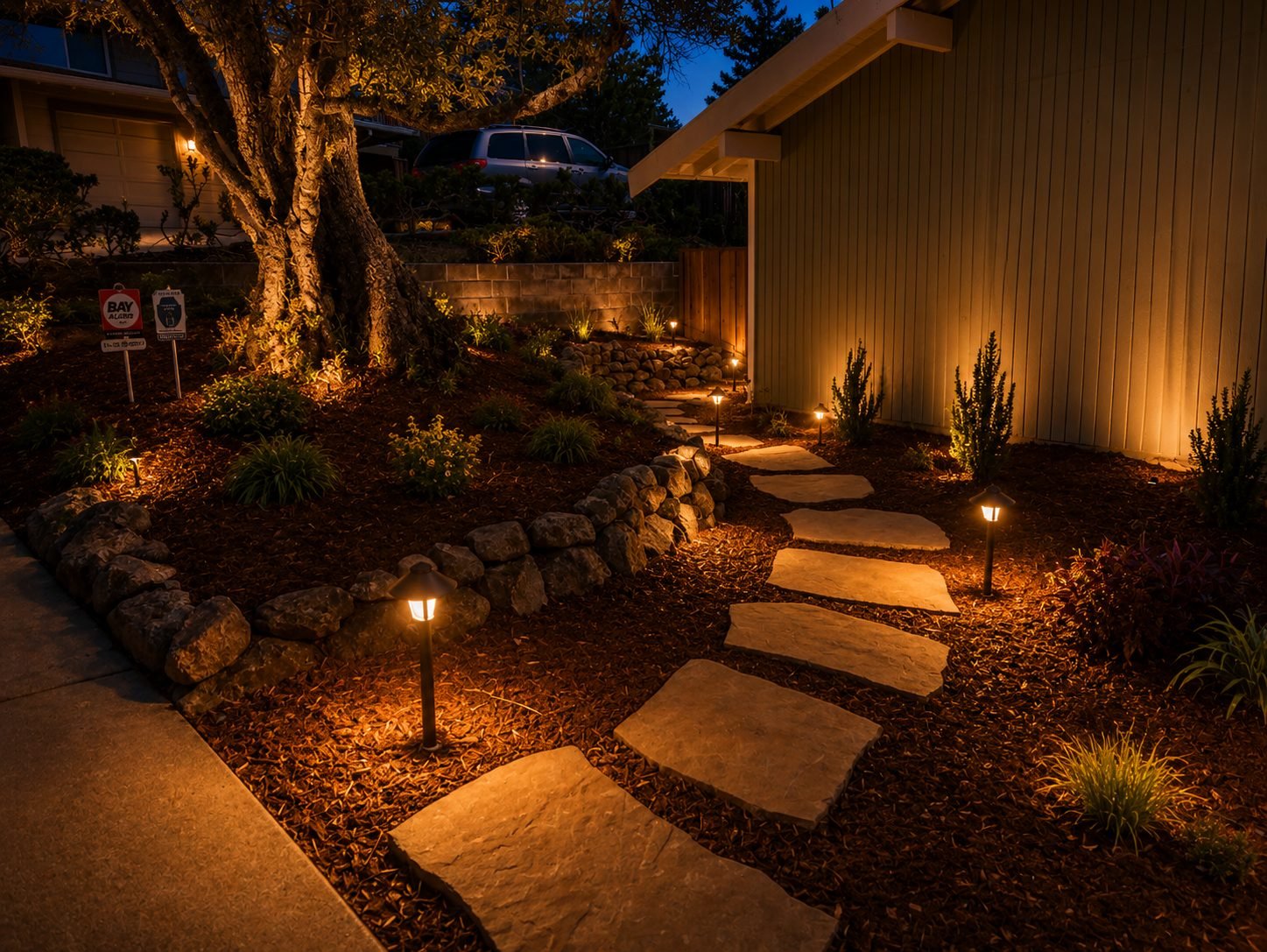 Nighttime view of a landscaped garden with a stone pathway, illuminated by small pathway lights, surrounded by shrubs and a large tree, with exterior house siding and parked cars visible in the background.