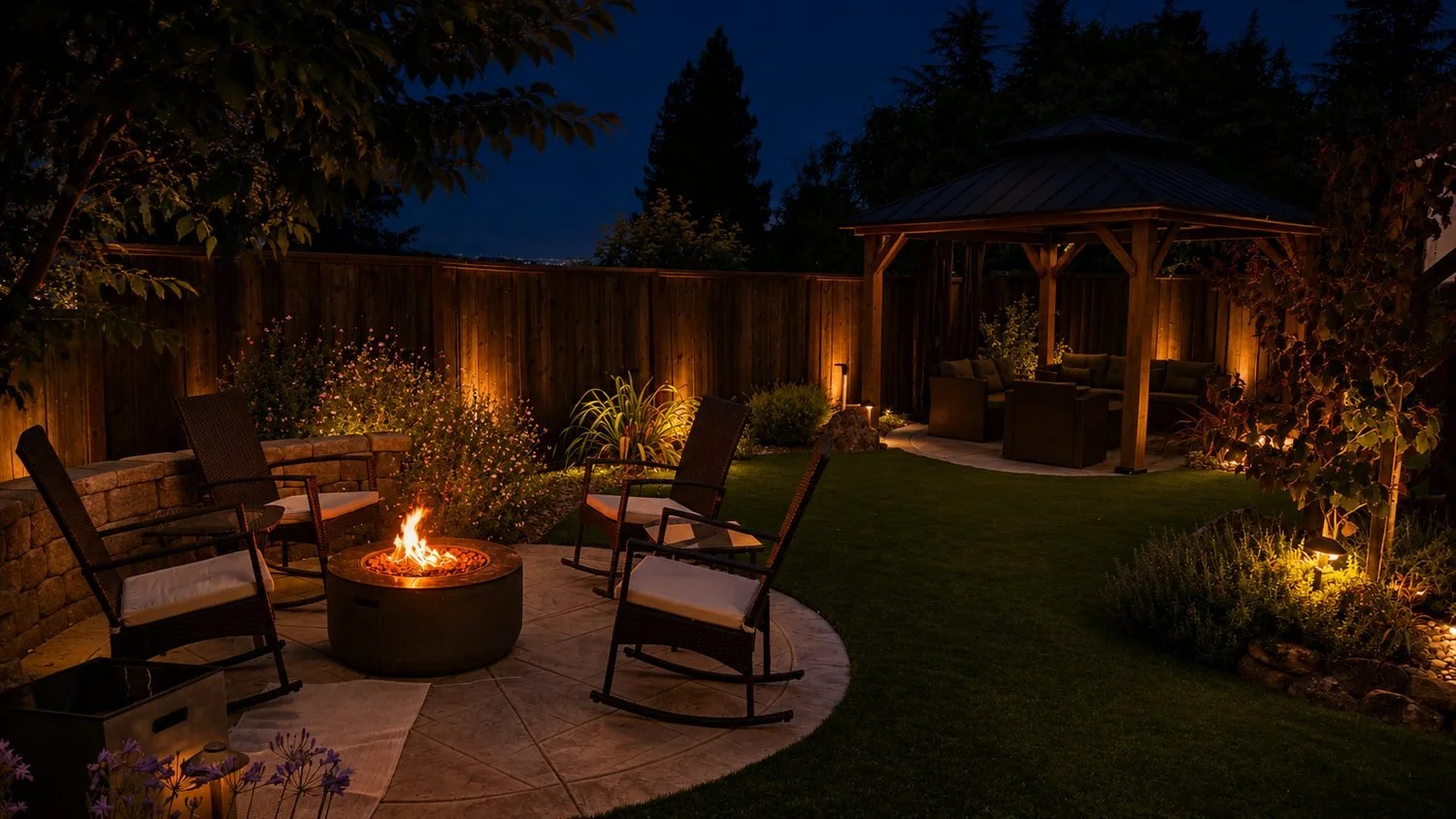 Backyard with a fire pit, outdoor chairs, a gazebo, and landscaped garden at night.