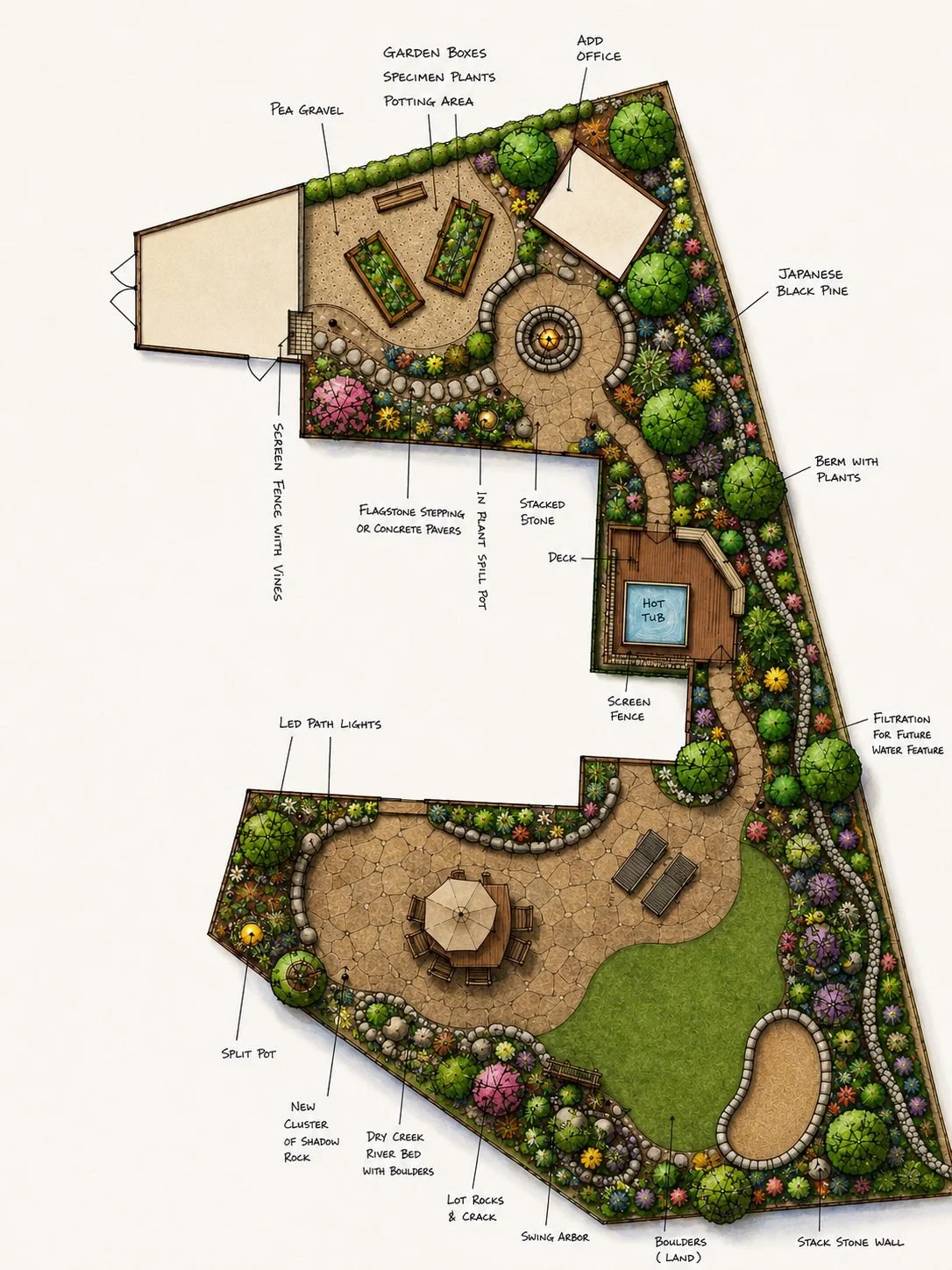 A detailed landscape garden plan featuring various zones and plants, including a deck with hot tub, a lawn area with lounge chairs, a patio with a dining table, and plant beds with Japanese black pine, berm with plants, and filtration for future wate