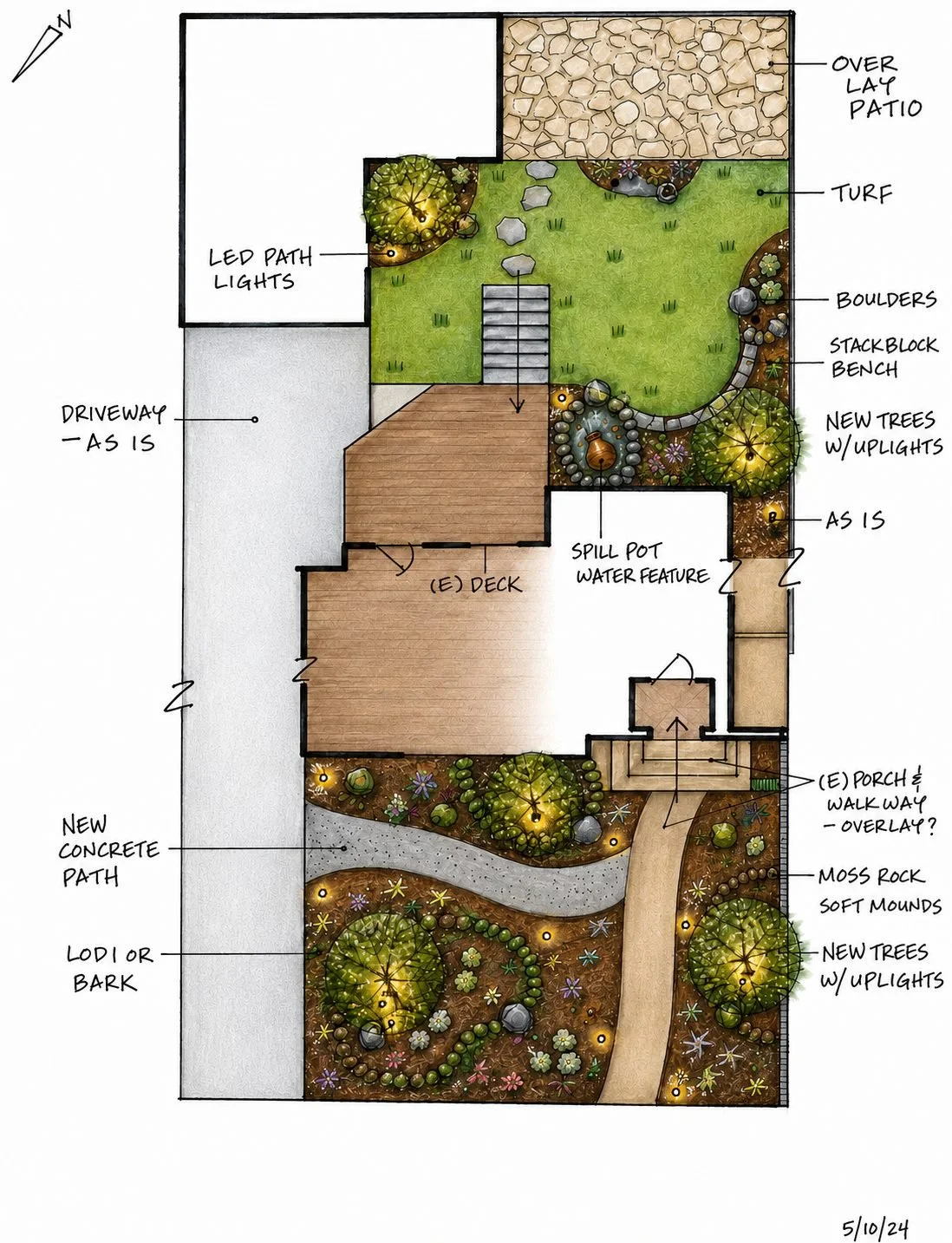 A detailed landscape design plan showing a backyard with a driveway, concrete path, lawn, patio, various plants, trees with uplights, boulders, a water feature, deck, and lighting features.