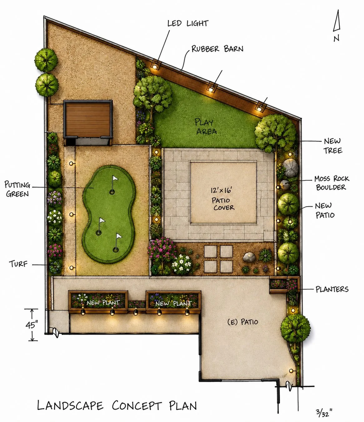Landscape concept plan showing a backyard with various features including a putting green, turf, a pergola, a play area, patio cover, new trees, planters, moss rock boulder, and a water feature. The plan incorporates outdoor lighting and garden beds 