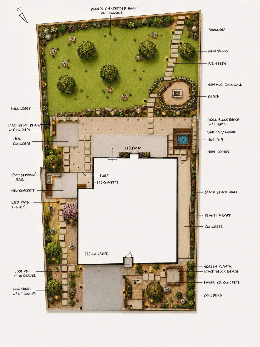 Landscape layout plan of a backyard featuring trees, shrubs, and garden beds, with outdoor seating, pathways, pavers, boulders, a hot tub, fire pit, and decorative lighting.