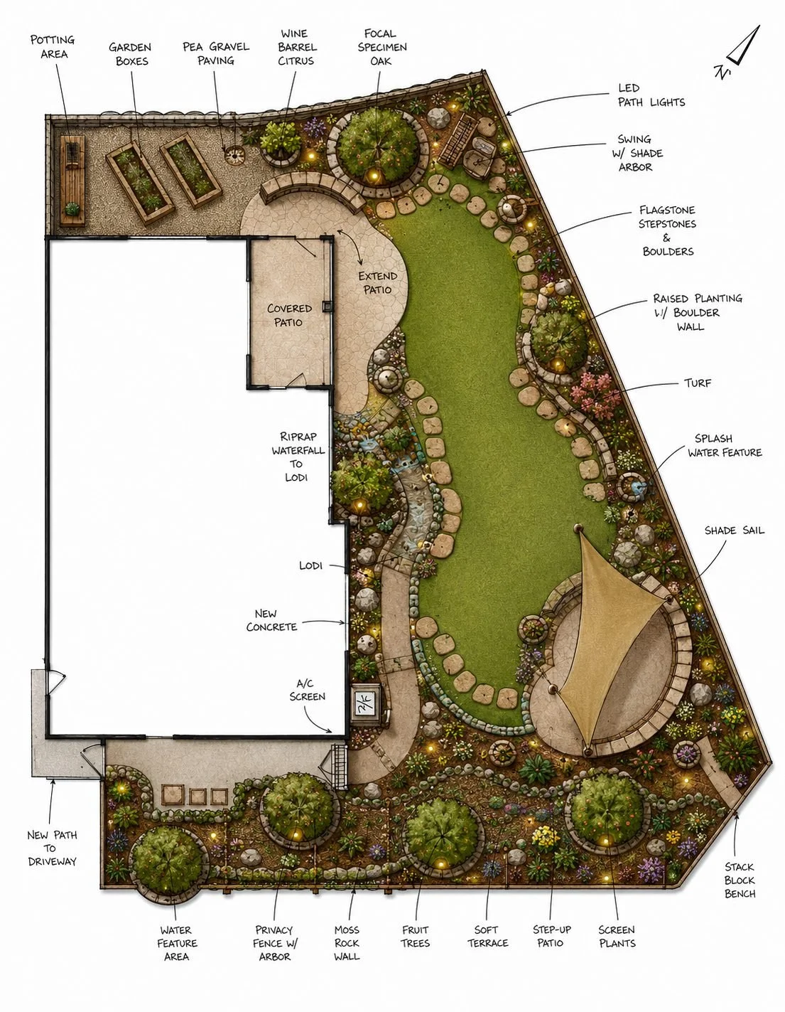 Landscape garden plan with labeled features including potting area, garden boxes, pea gravel paving, wine barrel citrus, focal specimen oak, LED path lights, swing with shade arbor, flagstone step stones and boulders, raised planting with boulder wal