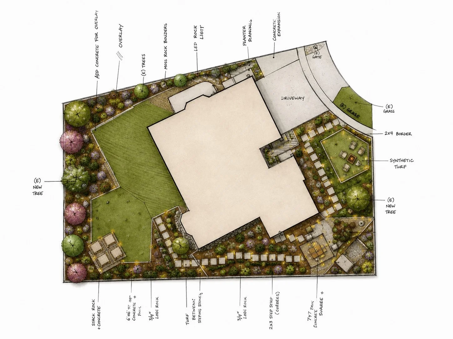 Landscape design plan of a backyard with trees, turf, concrete pathways, a driveway, synthetic turf area, and various plantings.