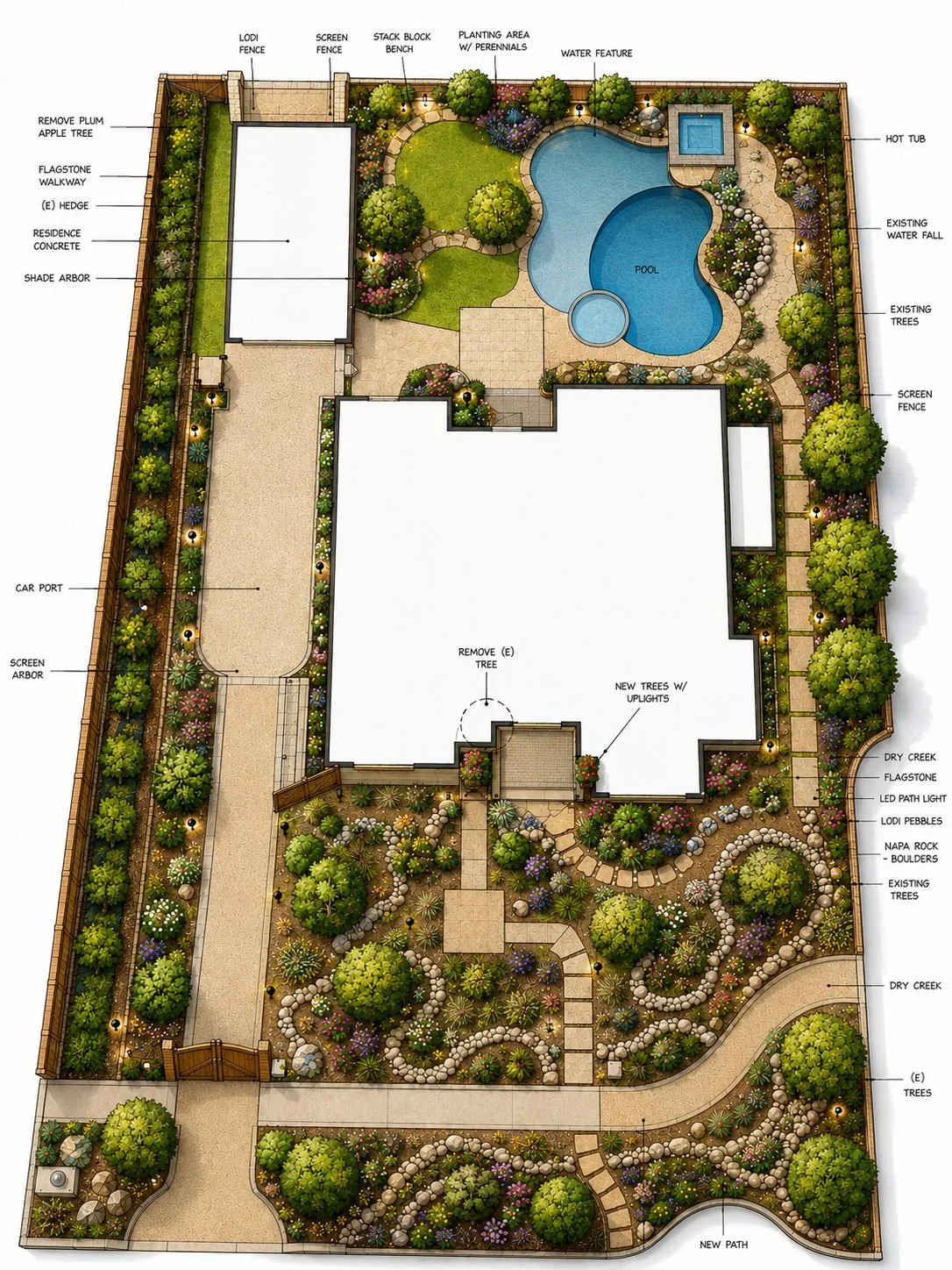 Landscape design plan featuring a pool with hot tub, surrounding pathways, trees, shrubs, flower beds, a water feature, dry creek beds, a building with plantings, and a carport.