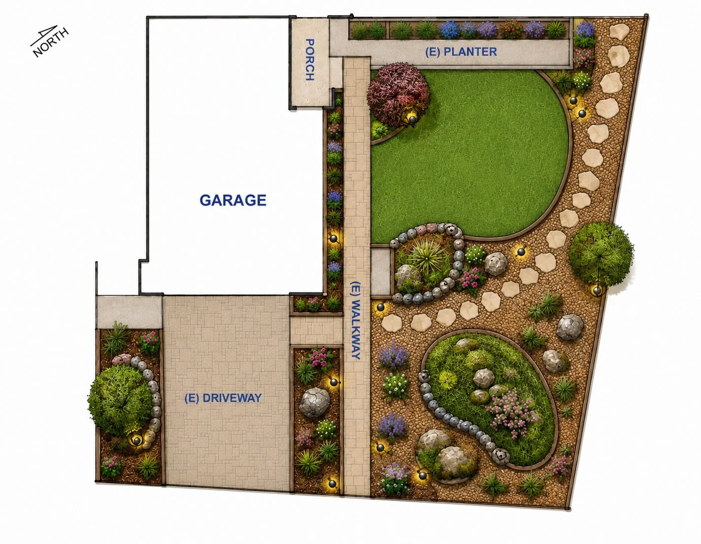Landscape design plan featuring a garage, driveway, porch, walkway, garden beds, and a lawn area with plants, trees, rocks, and outdoor lighting.