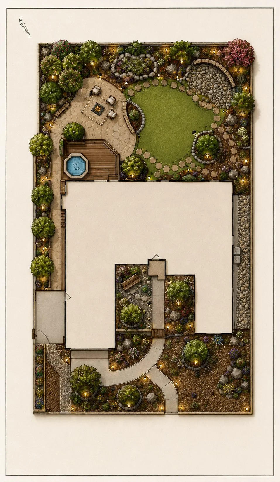 A landscaped backyard with a hot tub, patio furniture, a large grassy area, flower beds, trees, rock accents, paved walkways, and outdoor lighting surrounding the house.