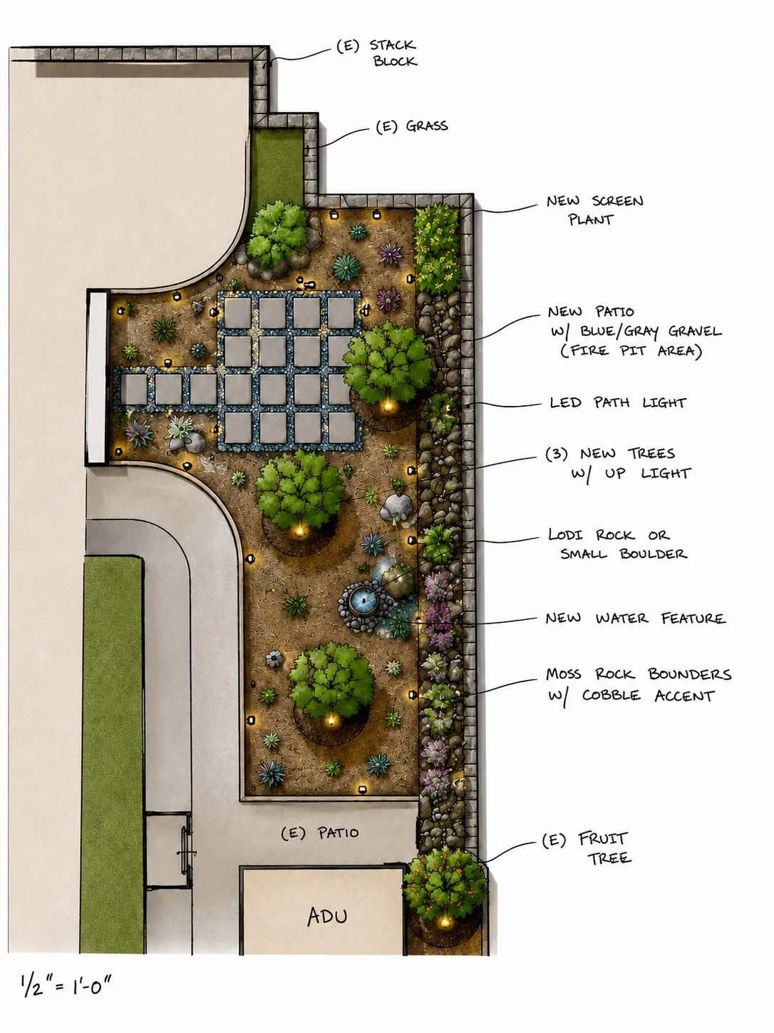 Landscape design plan with new patio, water feature, trees, rocks, grass, and lighting elements.