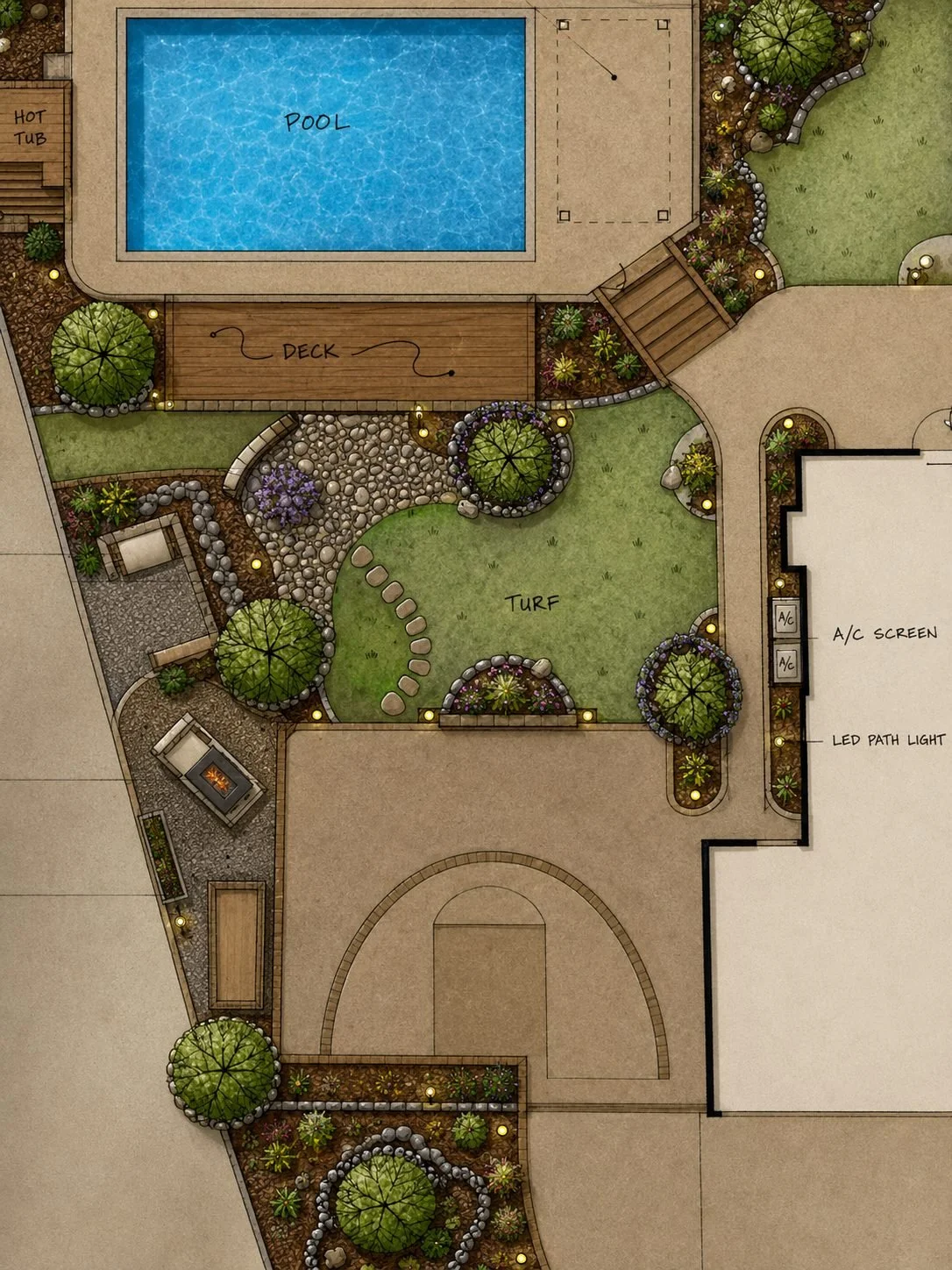 Landscape layout of a backyard with a pool, deck, turf area, hot tub, firepit, walkways, and garden beds.