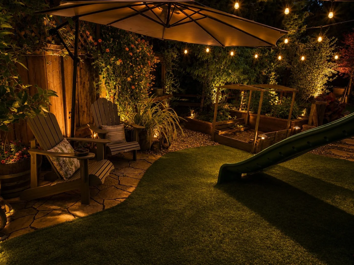 A cozy backyard patio at night illuminated with string lights and garden lanterns. It features two Adirondack chairs with pillows, a sliding grass playground slide, and raised garden beds with plants and vegetables. The area is surrounded by a wooden fence with lush greenery and flowers.