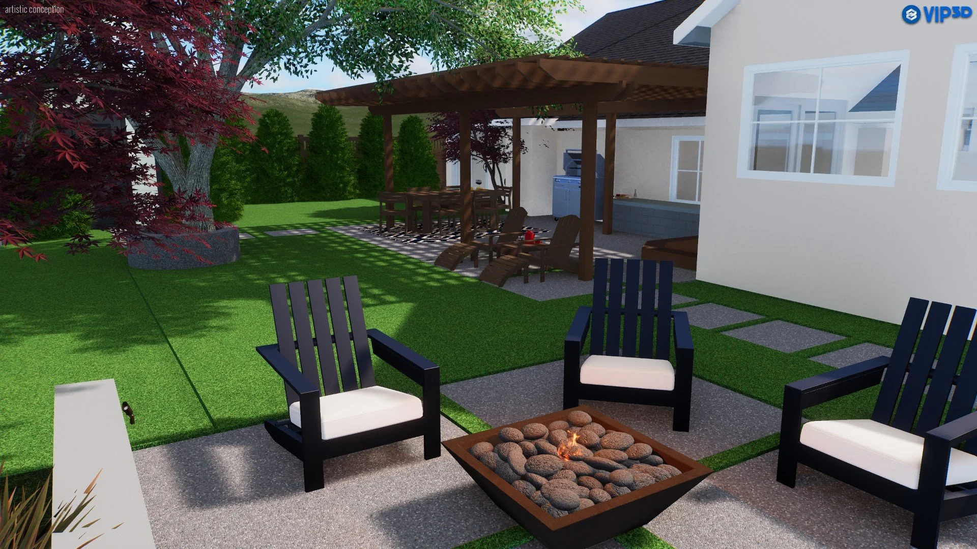 A backyard patio area with seating, a fire pit with flames, a shaded dining area with a wooden pergola, a barbecue grill, and surrounding green grass and trees.