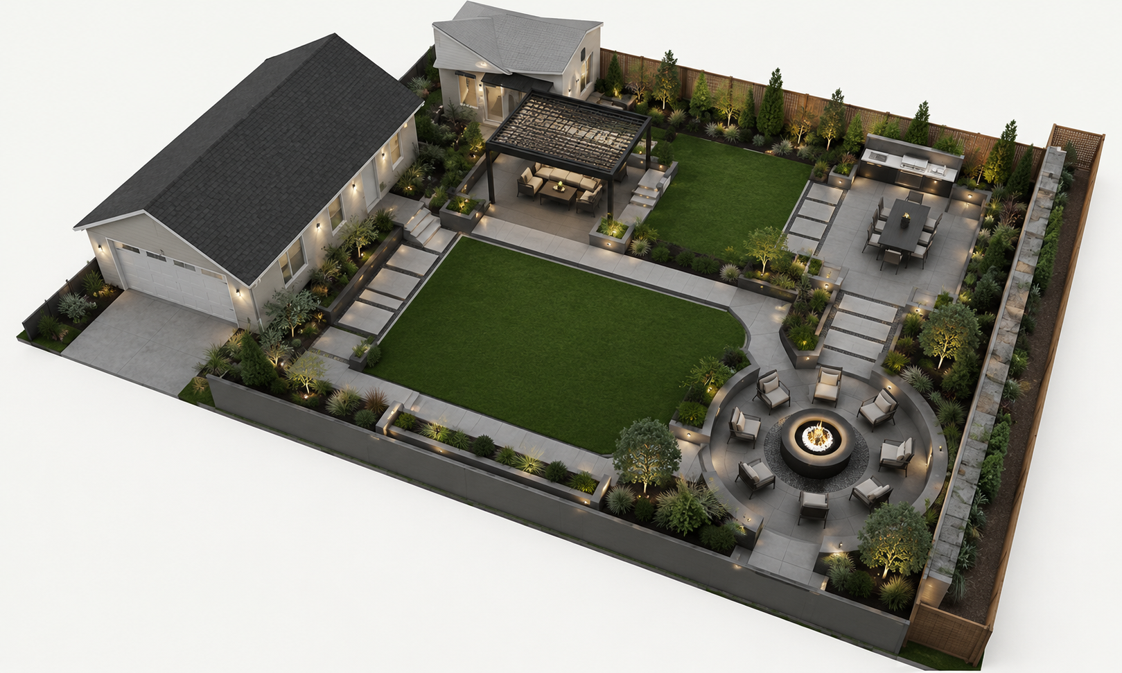 A modern backyard with a large lawn, outdoor seating areas with fire features, and a kitchen/dining space, enclosed by a wooden fence and landscaped with trees and plants.