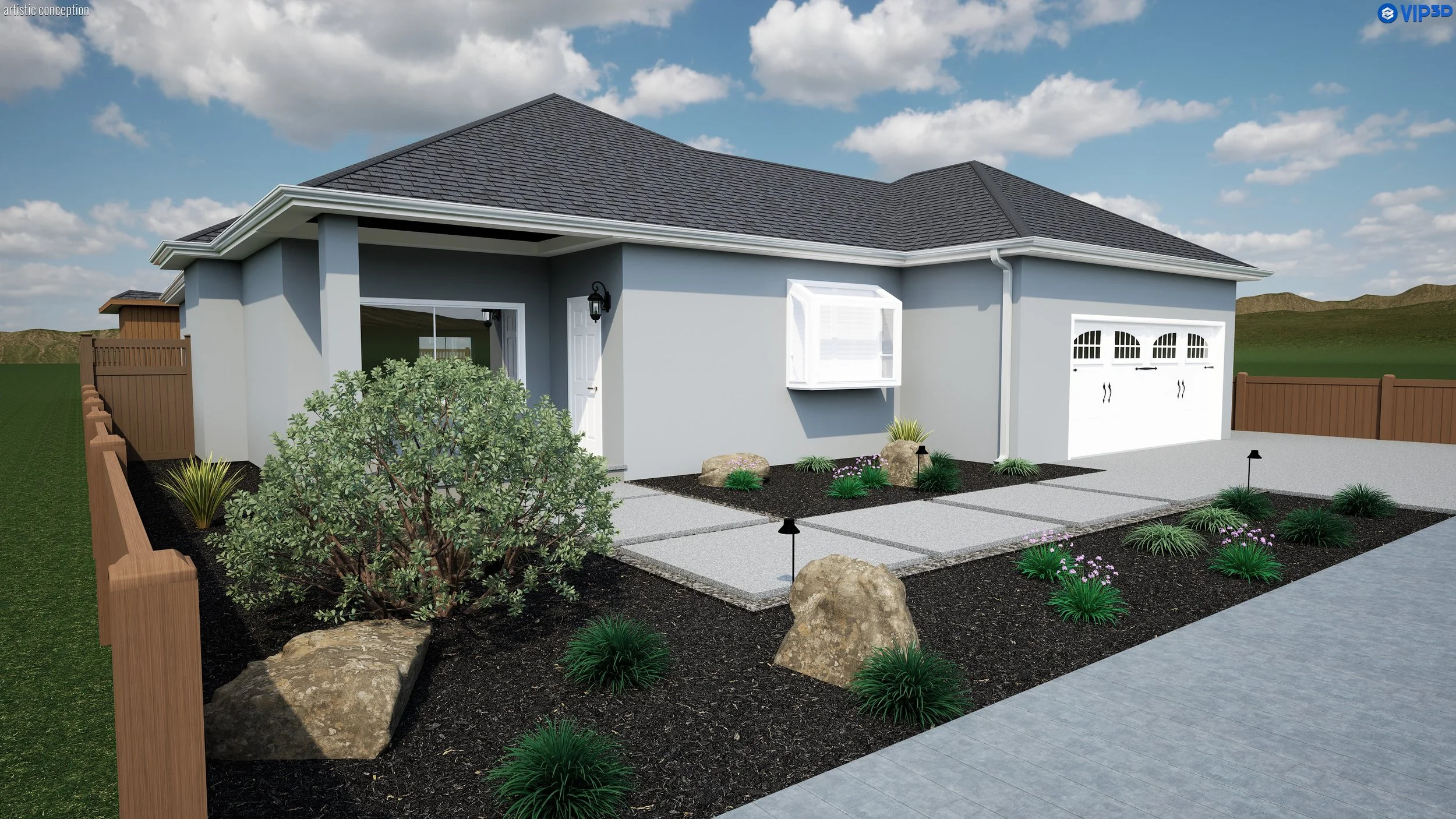 A digital rendering of a modern house with a landscaped front yard, featuring a concrete pathway, shrubs, rocks, and outdoor lighting under a partly cloudy sky.