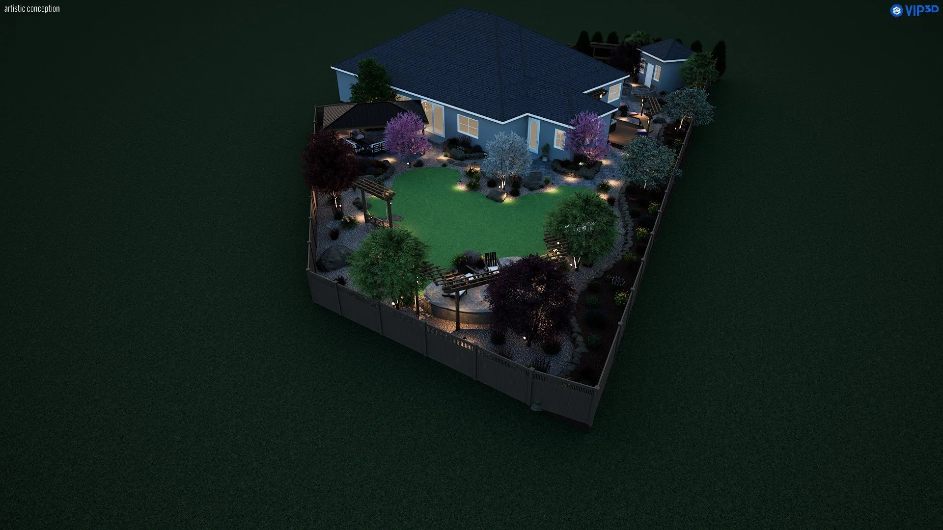 Night time 3D landscape rendering showing outdoor lighting, turf, patio, and seating area