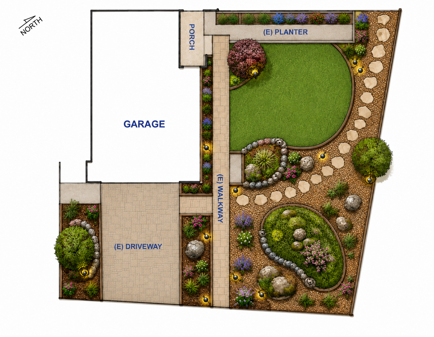 Landscape design plan featuring a garage, driveway, porch, walkway, garden beds, and a lawn area with plants, trees, rocks, and outdoor lighting.