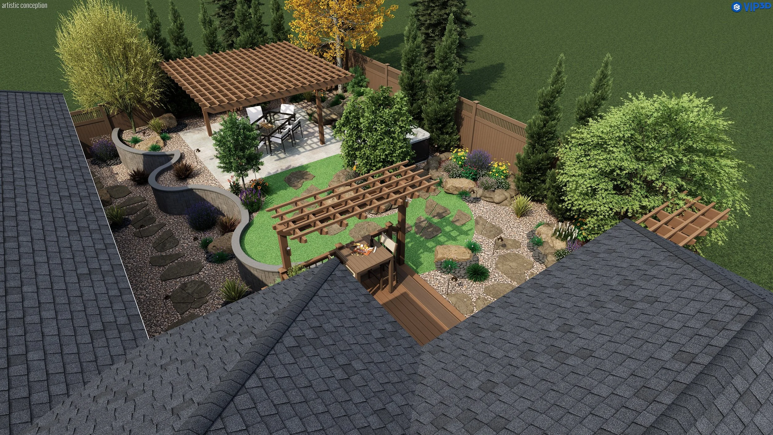 A landscaped backyard patio area with a covered pergola, outdoor dining table, sitting area, decorative rocks, trees, and plants, surrounded by a wooden fence.