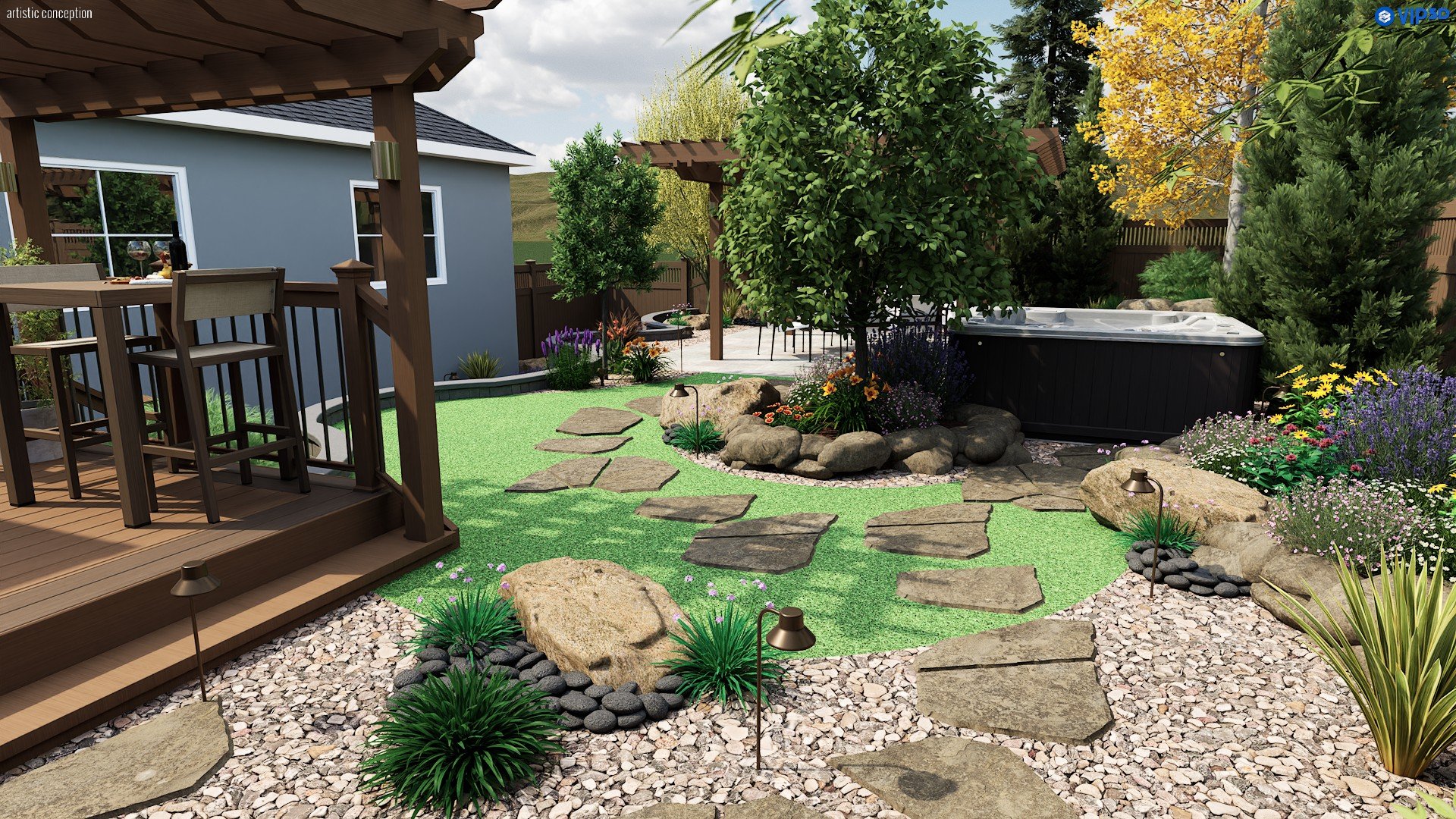 3D landscape design concept showing a low-maintenance backyard with patio space and outdoor seating