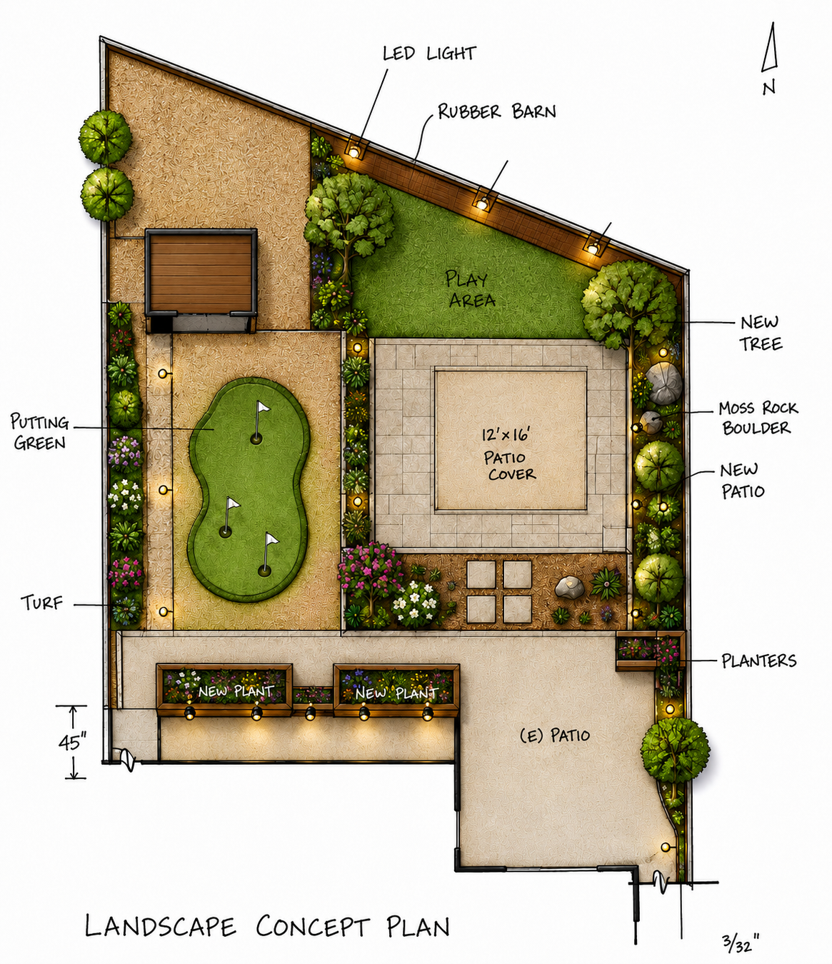 Landscape concept plan showing a backyard with various features including a putting green, turf, a pergola, a play area, patio cover, new trees, planters, moss rock boulder, and a water feature. The plan incorporates outdoor lighting and garden beds 