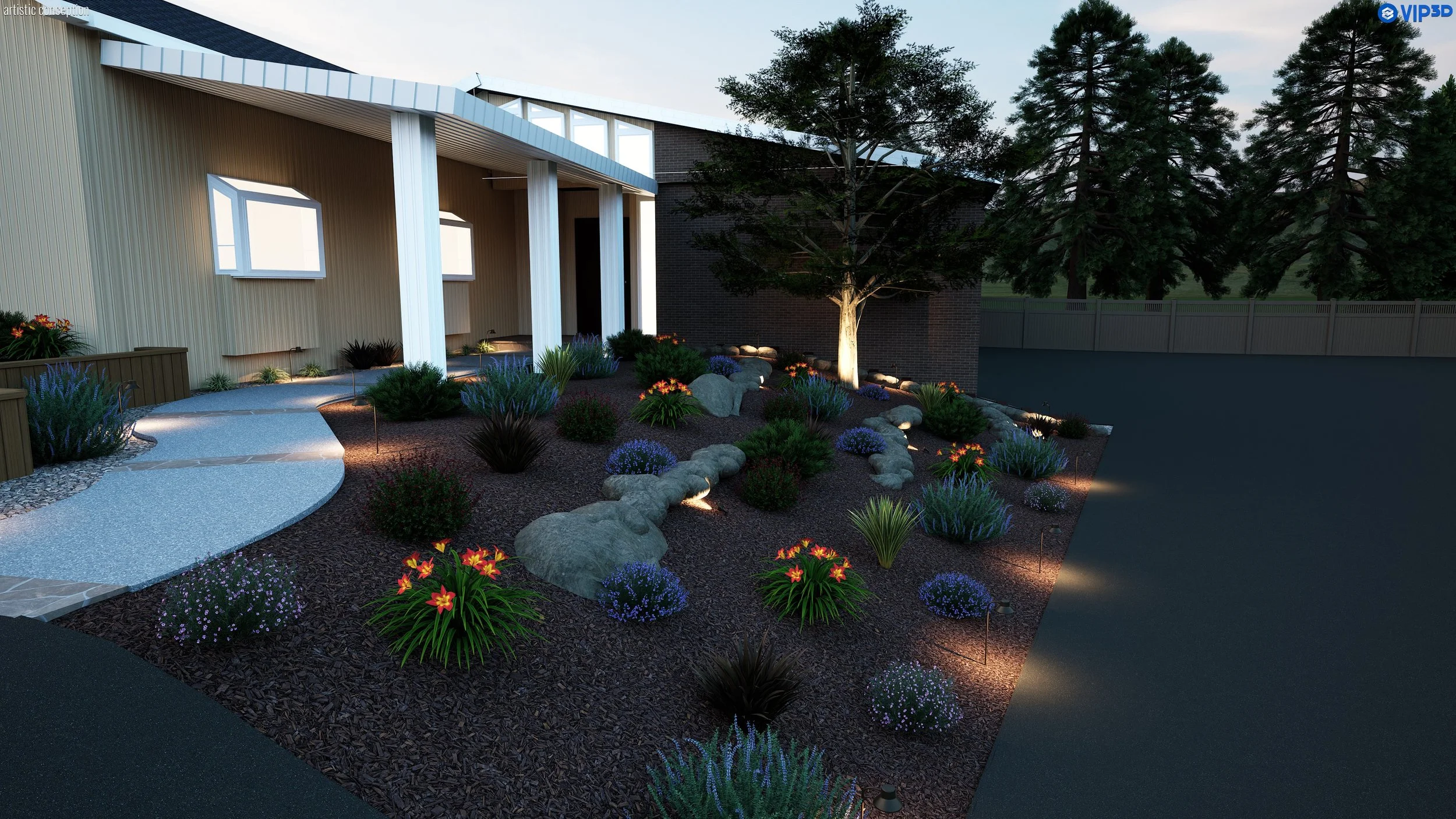 A modern house with a landscaped front yard featuring a curved concrete pathway, various colorful plants, rocks, and tree lighting, with tall trees and a fence in the background during dusk or evening.