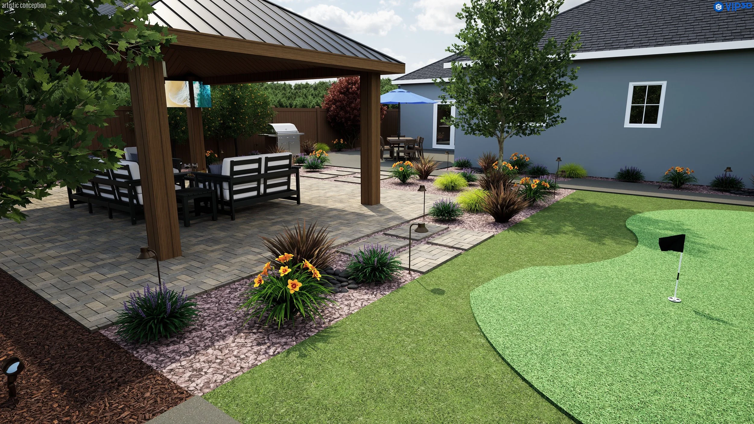 A landscaped backyard with a patio area, garden, and putting green. There are trees, flowers, outdoor furniture, a grill, and a blue patio umbrella.