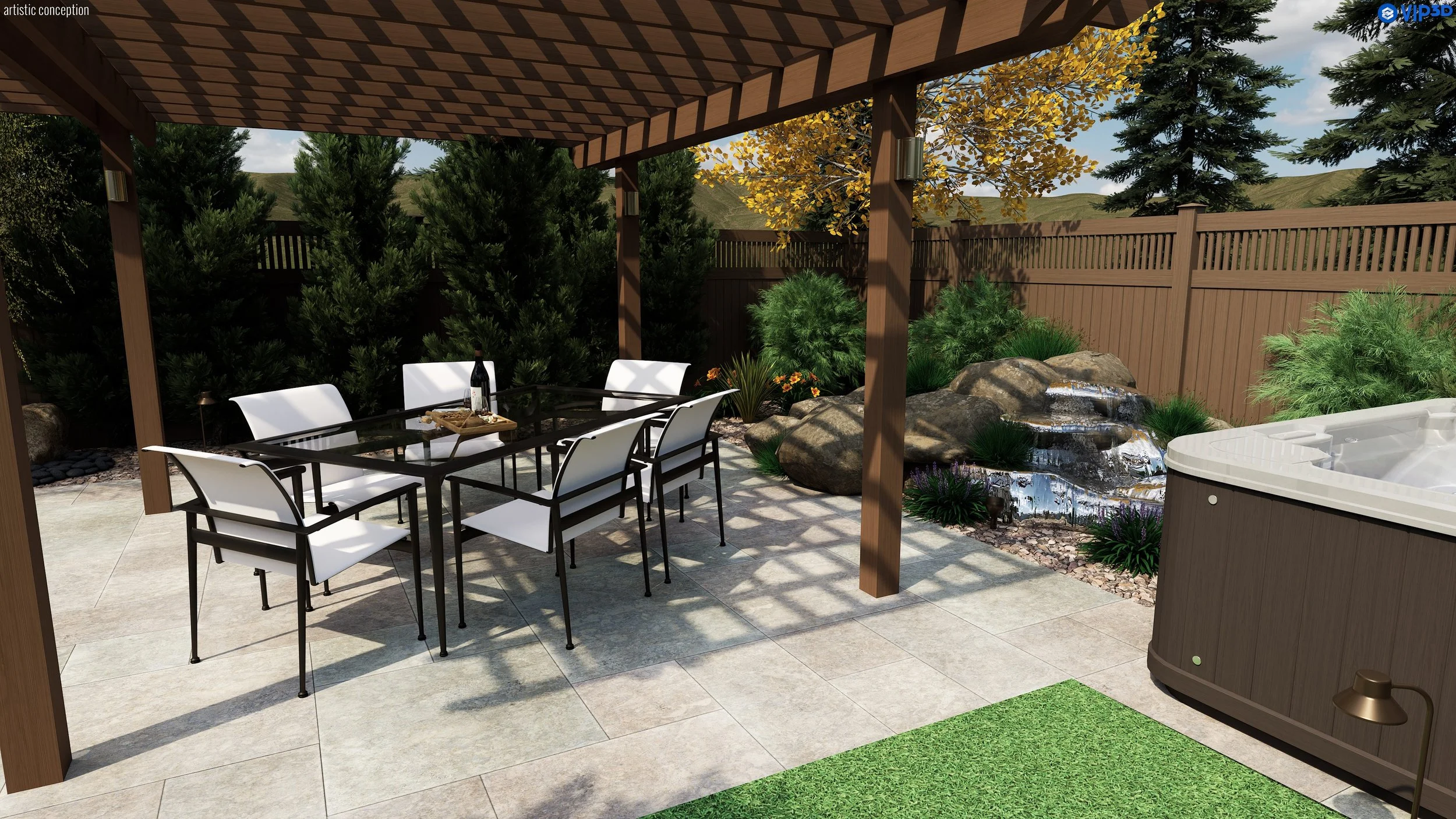3D landscape design concept showing a low-maintenance backyard with patio space and outdoor seating. 