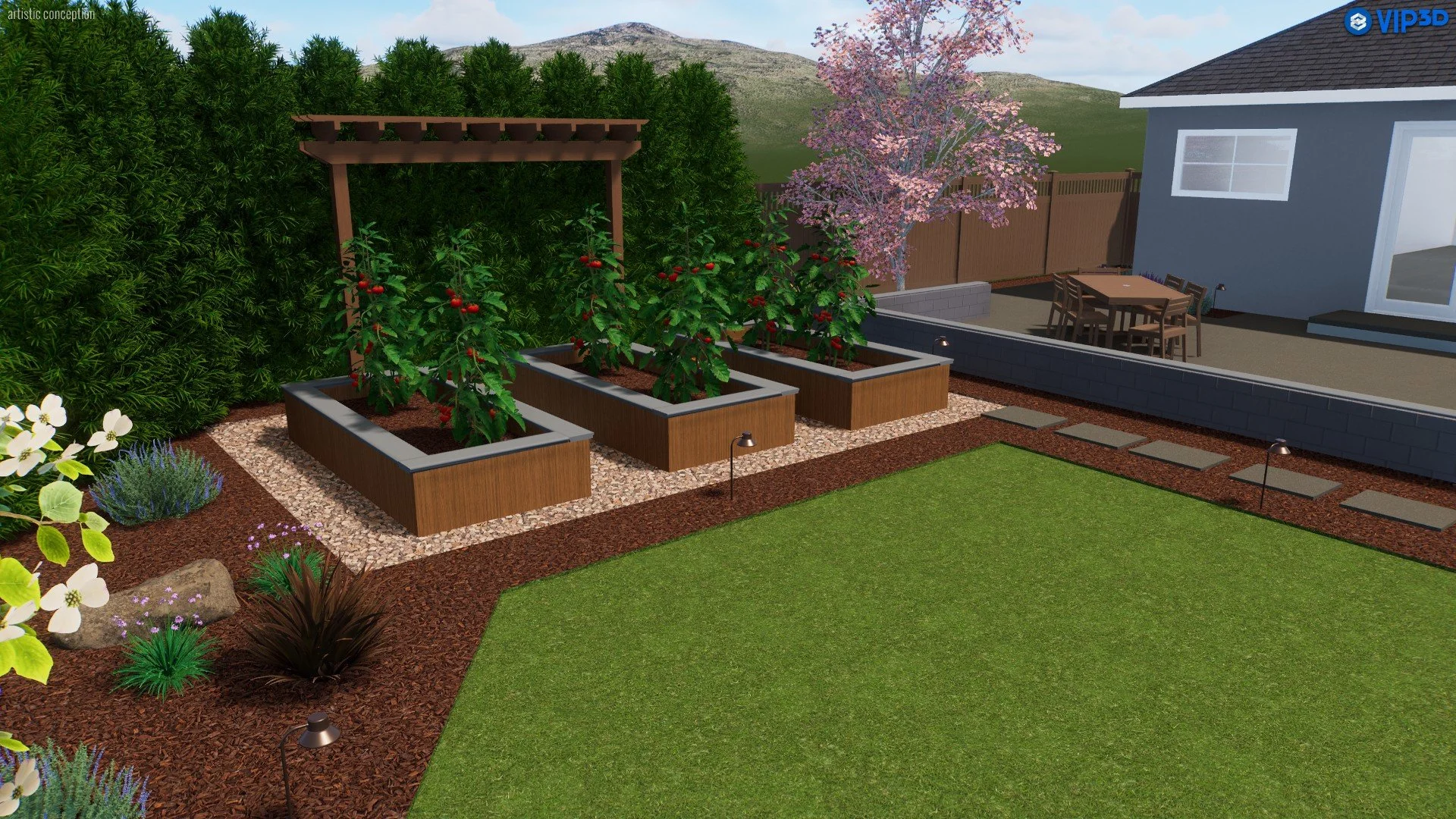 A landscaped backyard garden with raised plant beds containing cherry tomato plants, a blooming pink cherry blossom tree, a manicured lawn, decorative rocks, stepping stones, outdoor lighting, a wooden dining table with chairs, and a house with large
