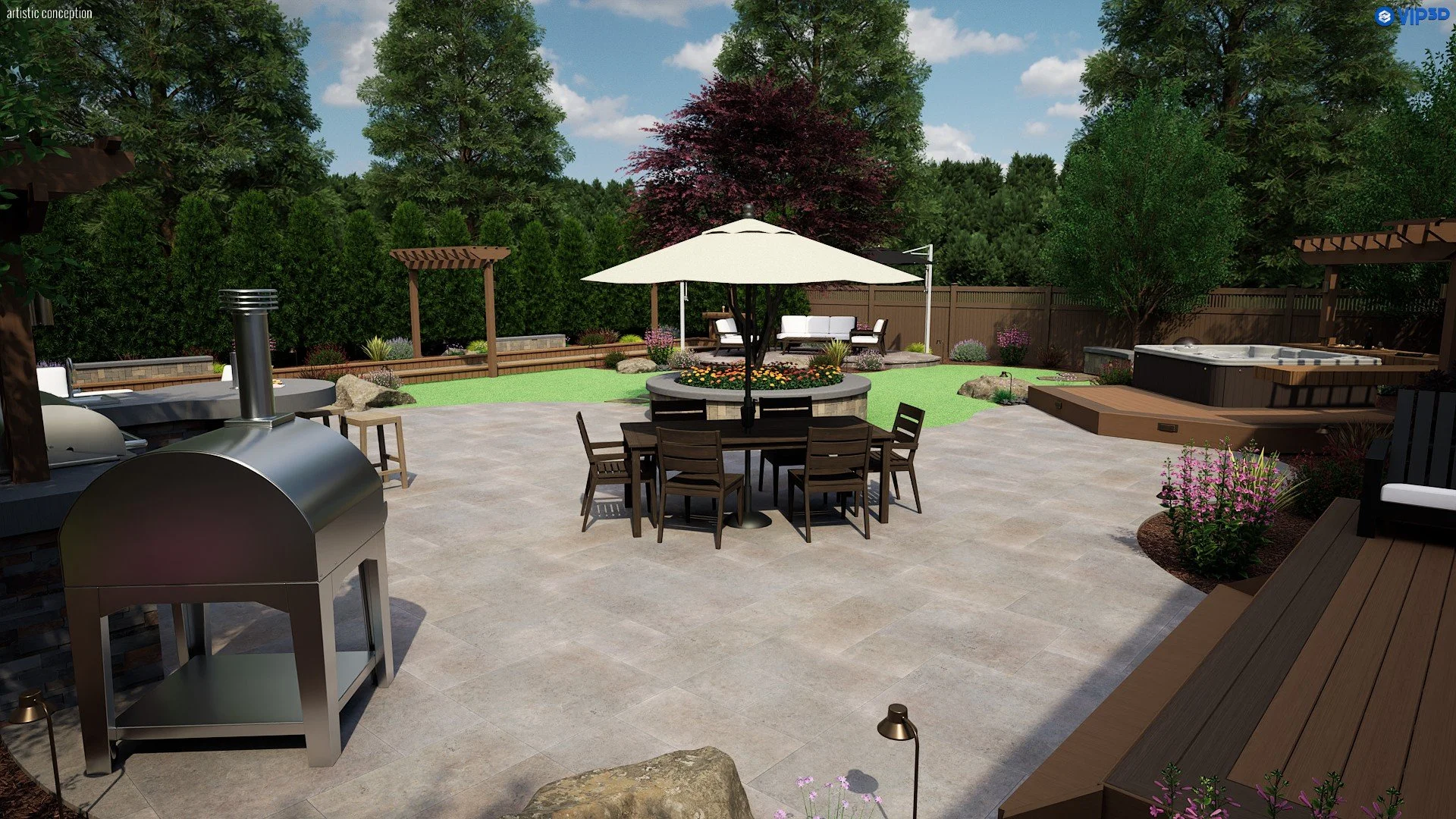Castro Valley 3D backyard design with low-maintenance planting, decorative rock, and wood accents.