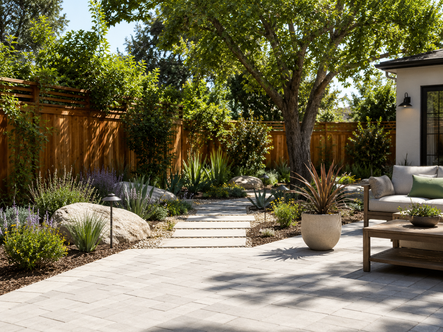 Backyard patio with potted plants, a large tree, a wooden fence, and outdoor furniture including a lounge chair and table.