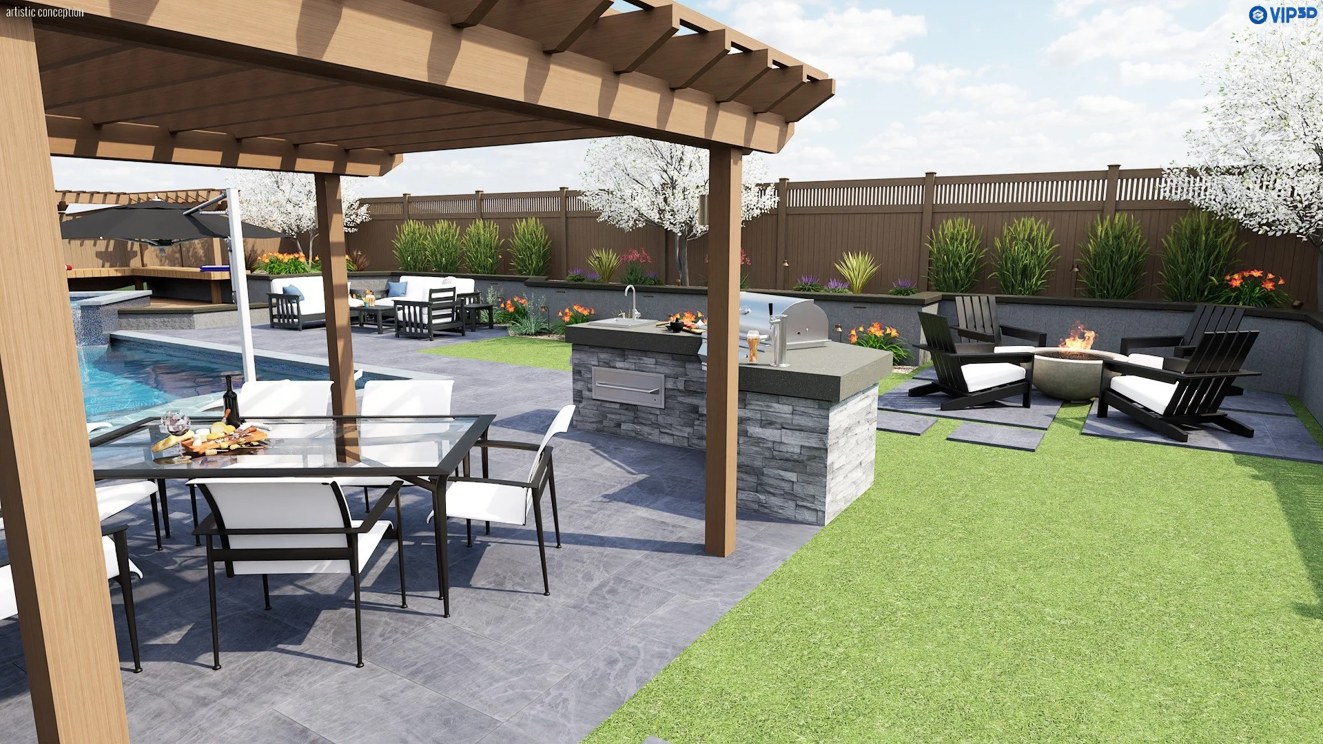 Livermore backyard pool design concept with turf, planting, patio areas, and landscape lighting. 