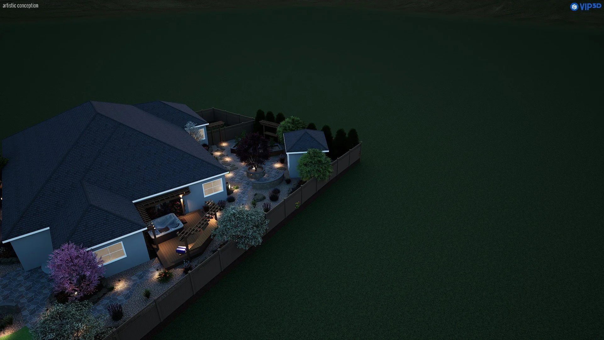 Night time 3D landscape rendering showing outdoor lighting, turf, patio, and seating area. 