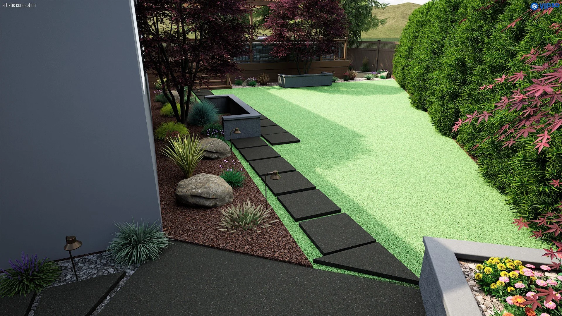 Castro Valley side yard and backyard design with turf, decorative rock, and outdoor living space. 