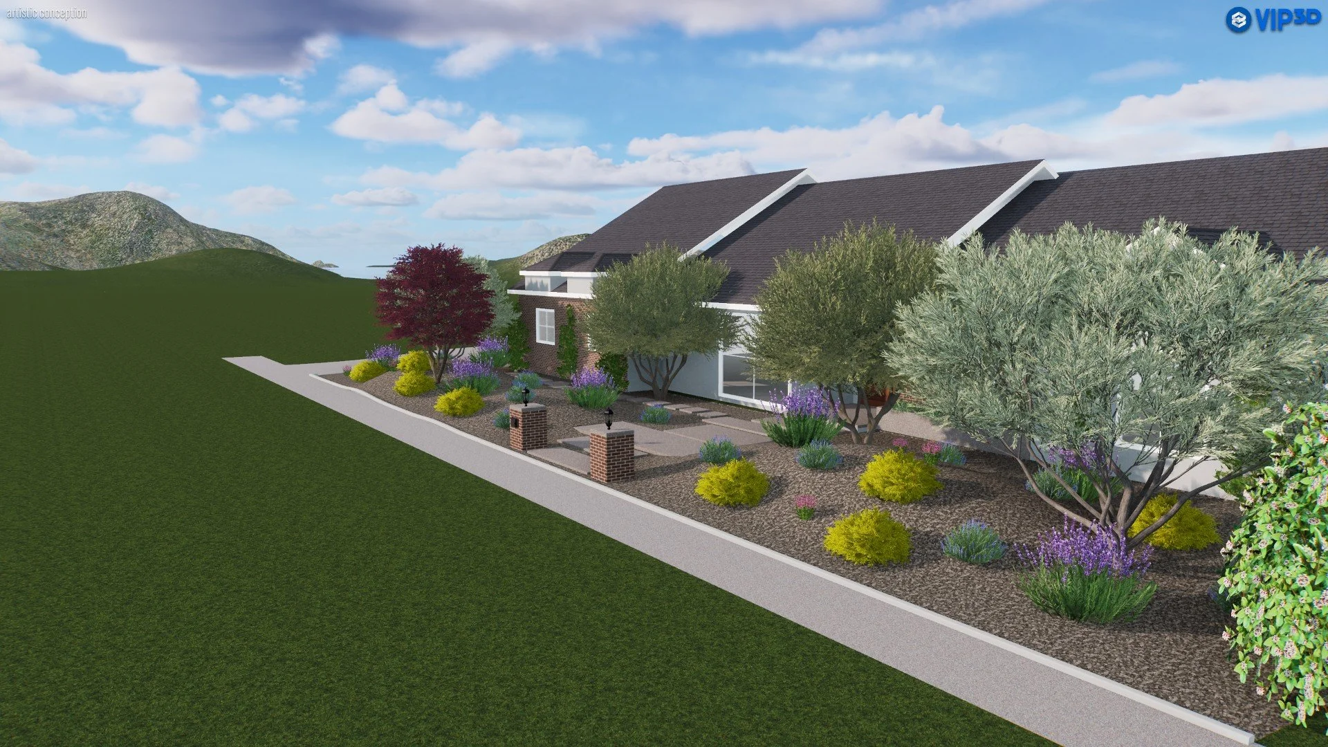Landscape of a residential house with landscaped front yard including trees, shrubs, flowers, and brick pillars, under a partly cloudy sky.