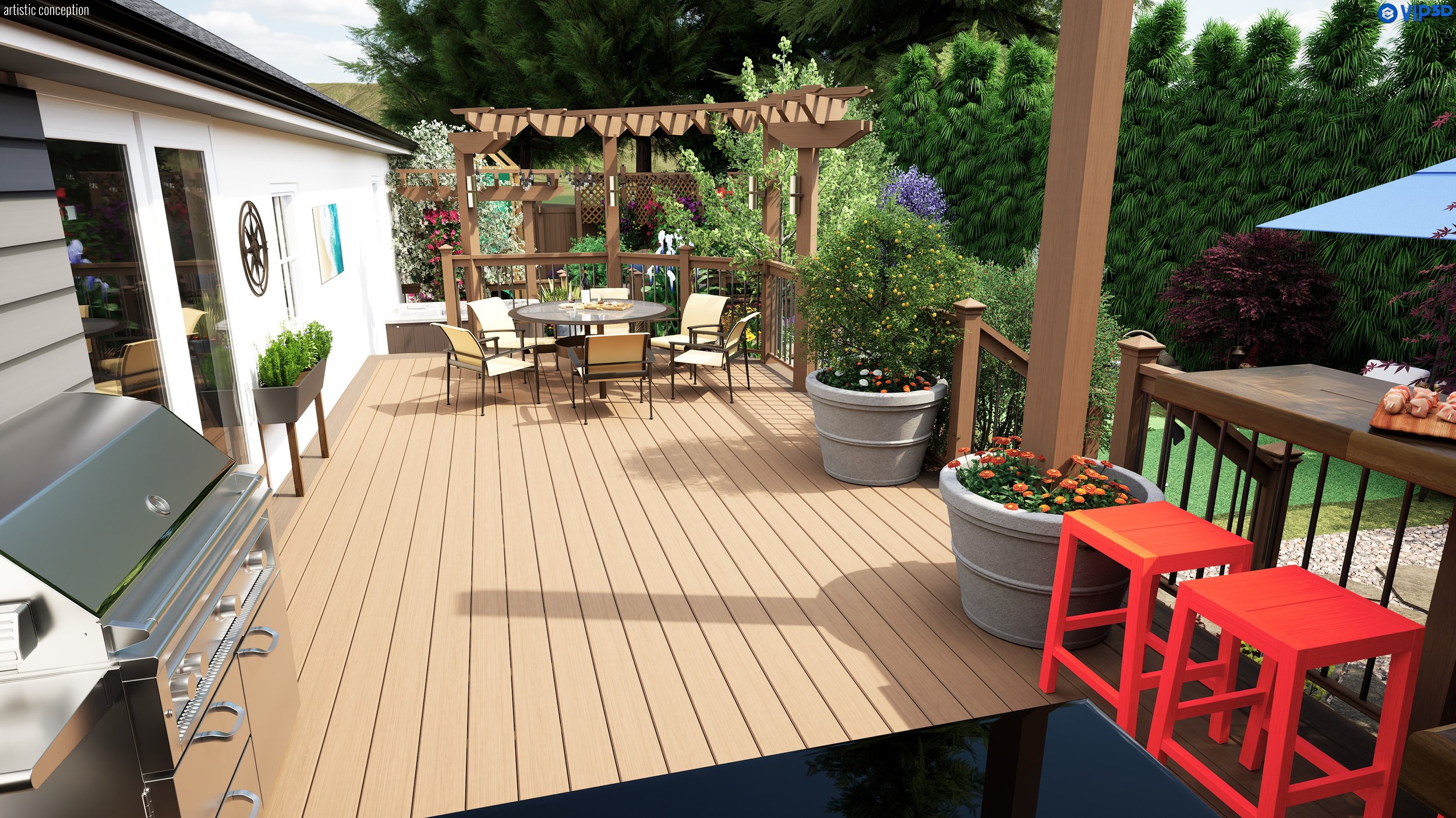 A backyard deck with a dining area, large potted plants with flowers, a grill, a wooden pergola, and surrounded by lush greenery and trees.