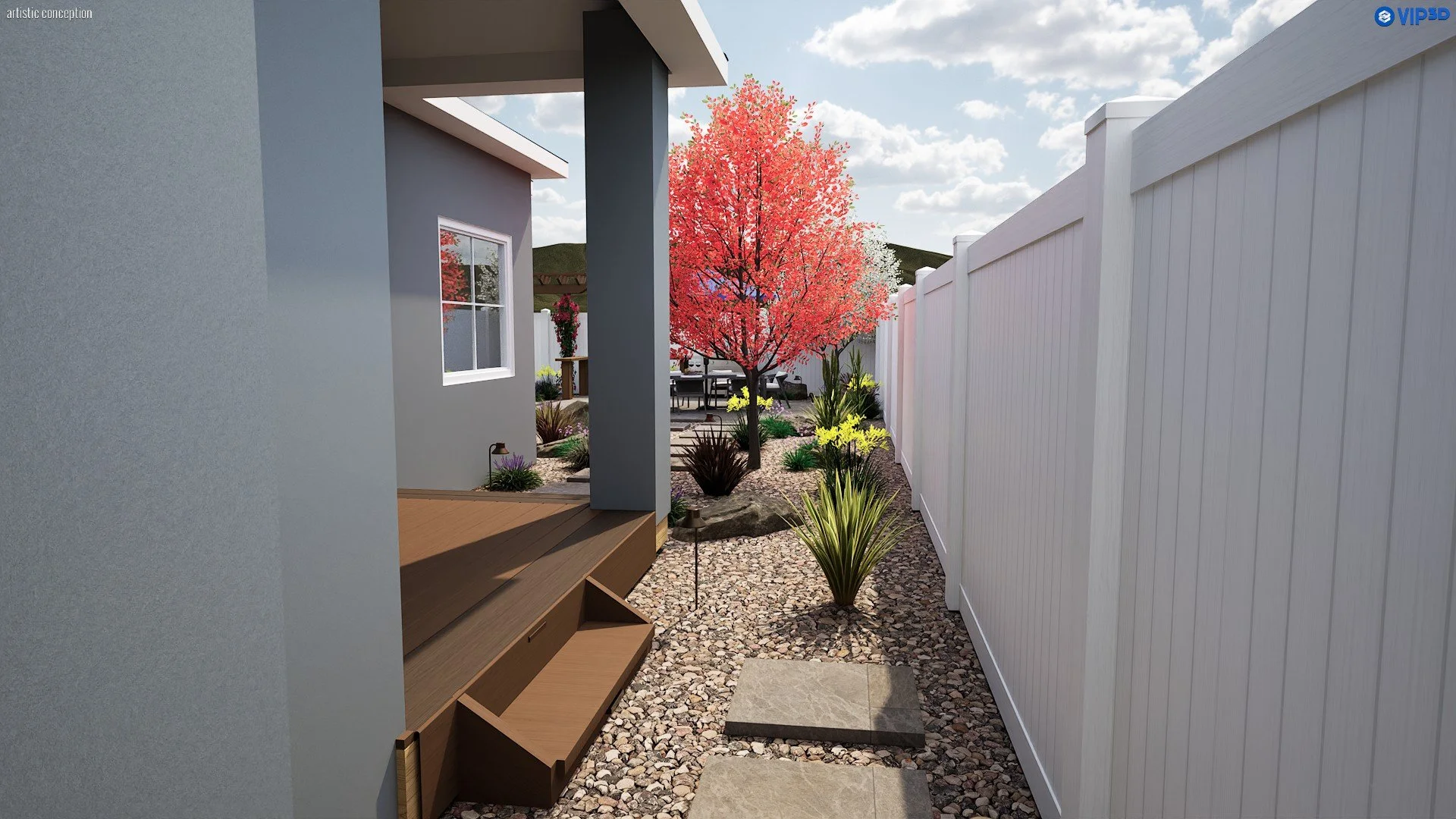 Alamo townhome landscape design concept with stepping stone walkway, decorative rock, and synthetic turf. 