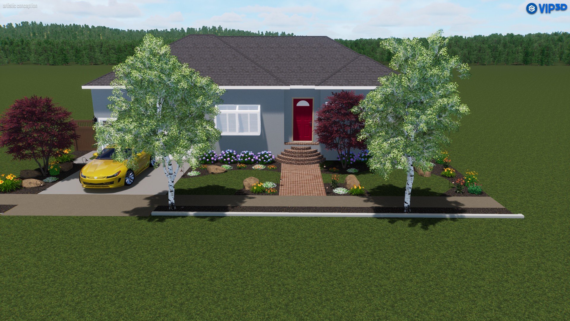 A digital rendering of a house with a front yard, two trees, a yellow car parked on the driveway, a brick pathway leading to the front door, and various colorful plants and flowers in the garden.