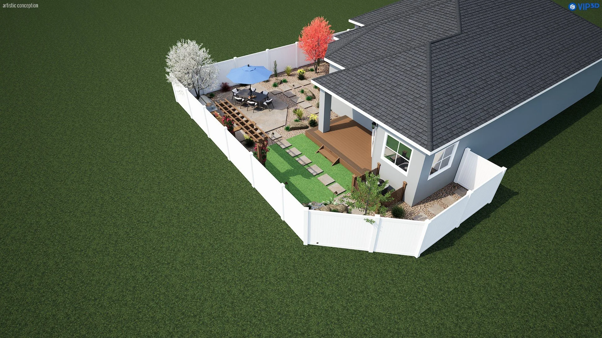 3D townhome backyard design in Alamo, CA with patio space, planting, and outdoor lighting.