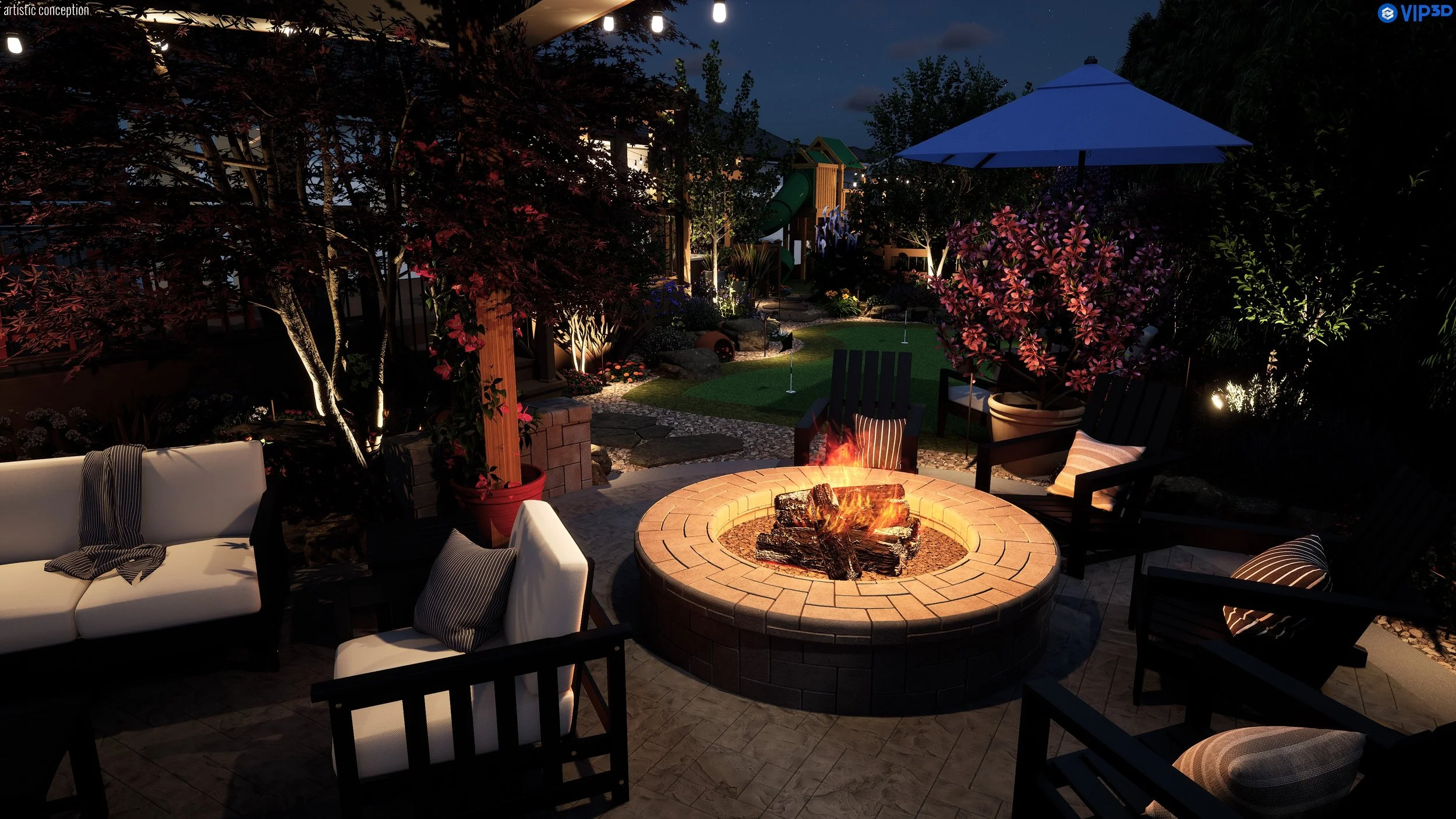 A backyard patio at night with seating around a fire pit, surrounded by trees and plants, with a children's playset and an umbrella visible in the background.
