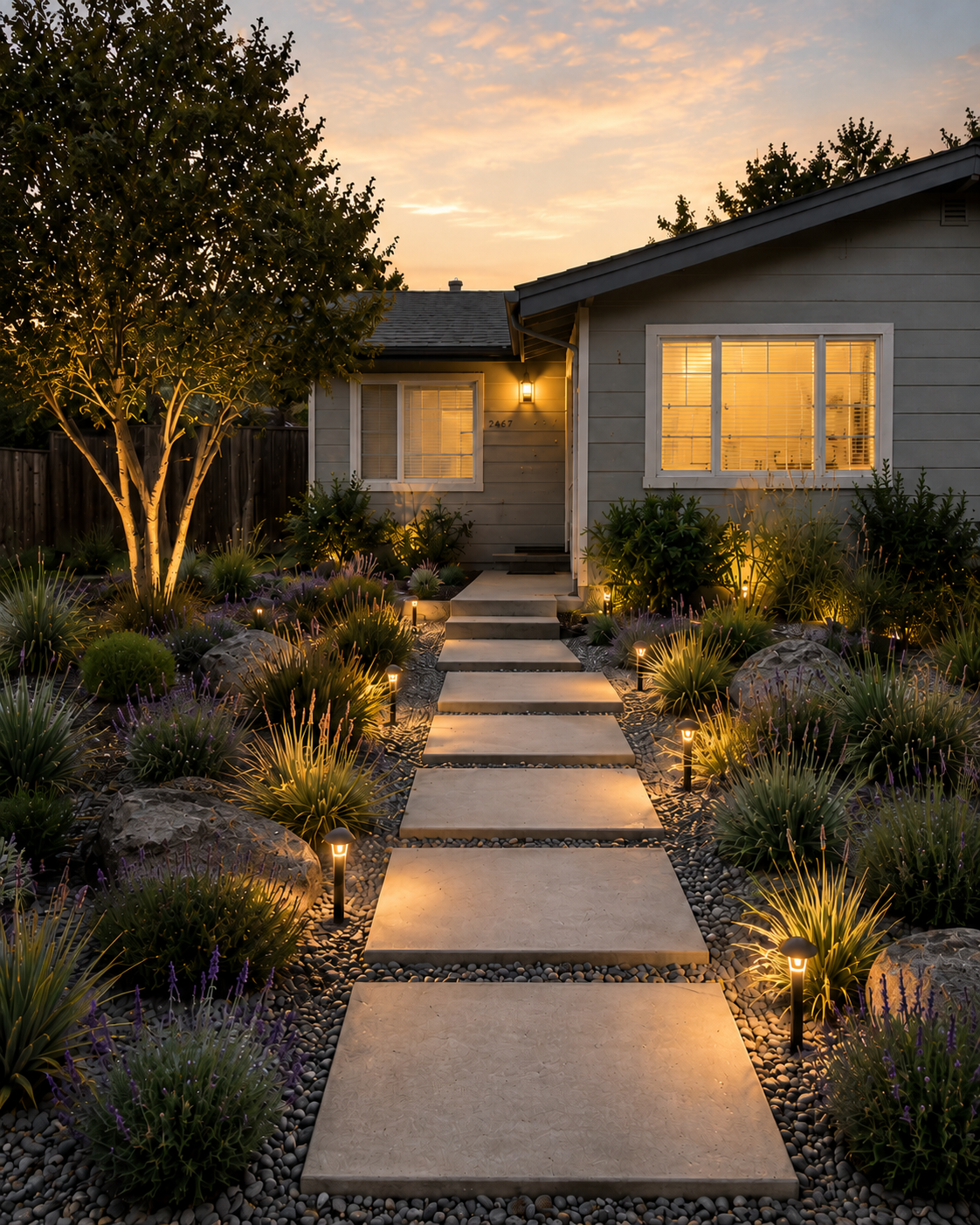 Pathway with large square stepping stones lit by small garden lights leading to a house with illuminated windows and exterior wall light at dusk, surrounded by plants and rocks.