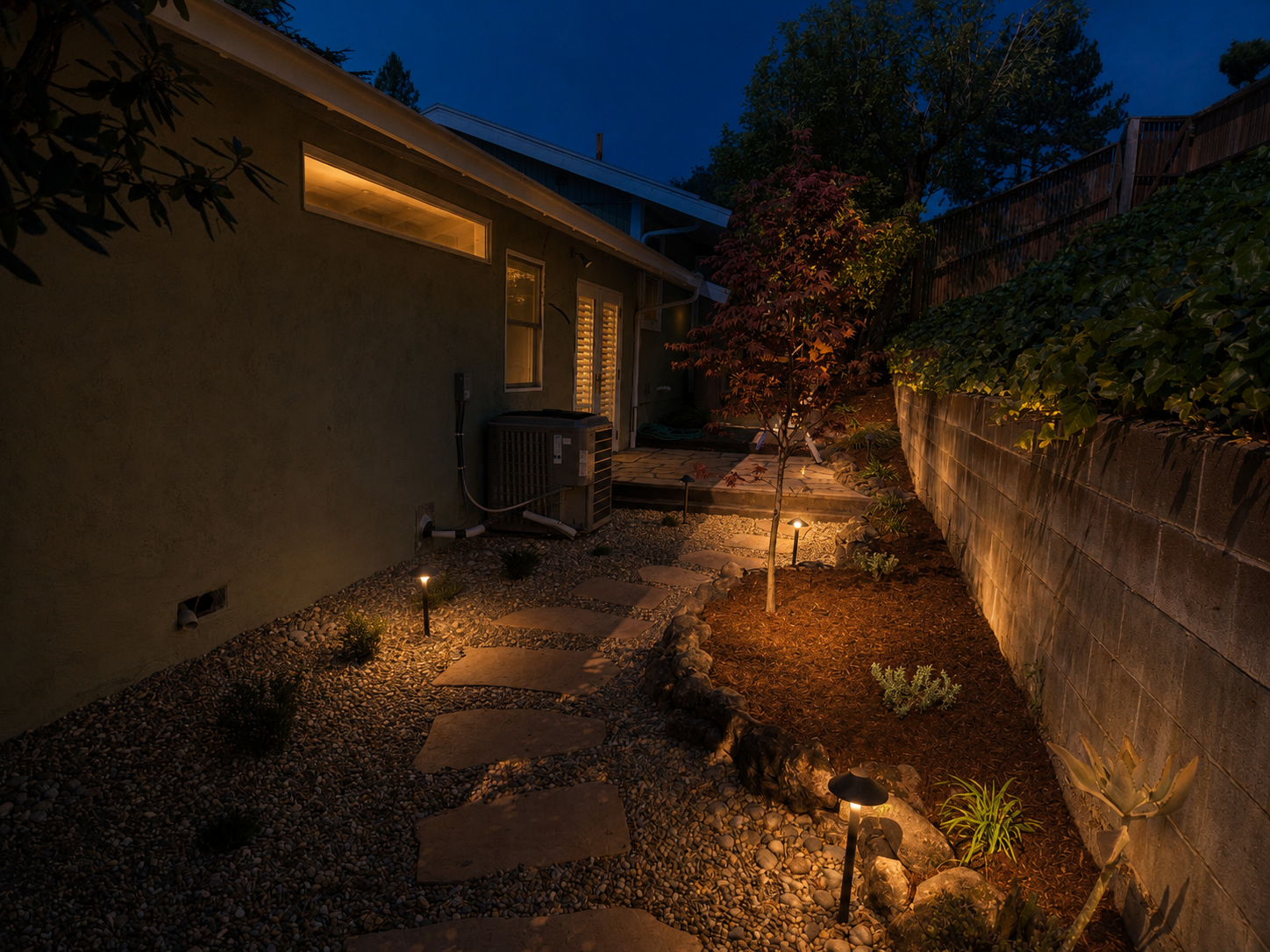 Nighttime view of a backyard pathway with stone slabs and small garden lights, featuring a young tree with autumn-colored leaves, plants, and a cinder block wall on the right side. The house's exterior wall and windows are visible on the left, with a