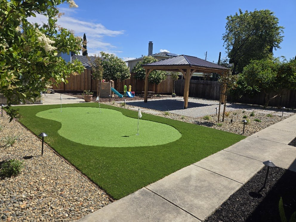 Backyard withArtificial putting green, small flagstick, shaded pavilion, gravel pathways, children's slide, plants, trees, and a wooden fence.
